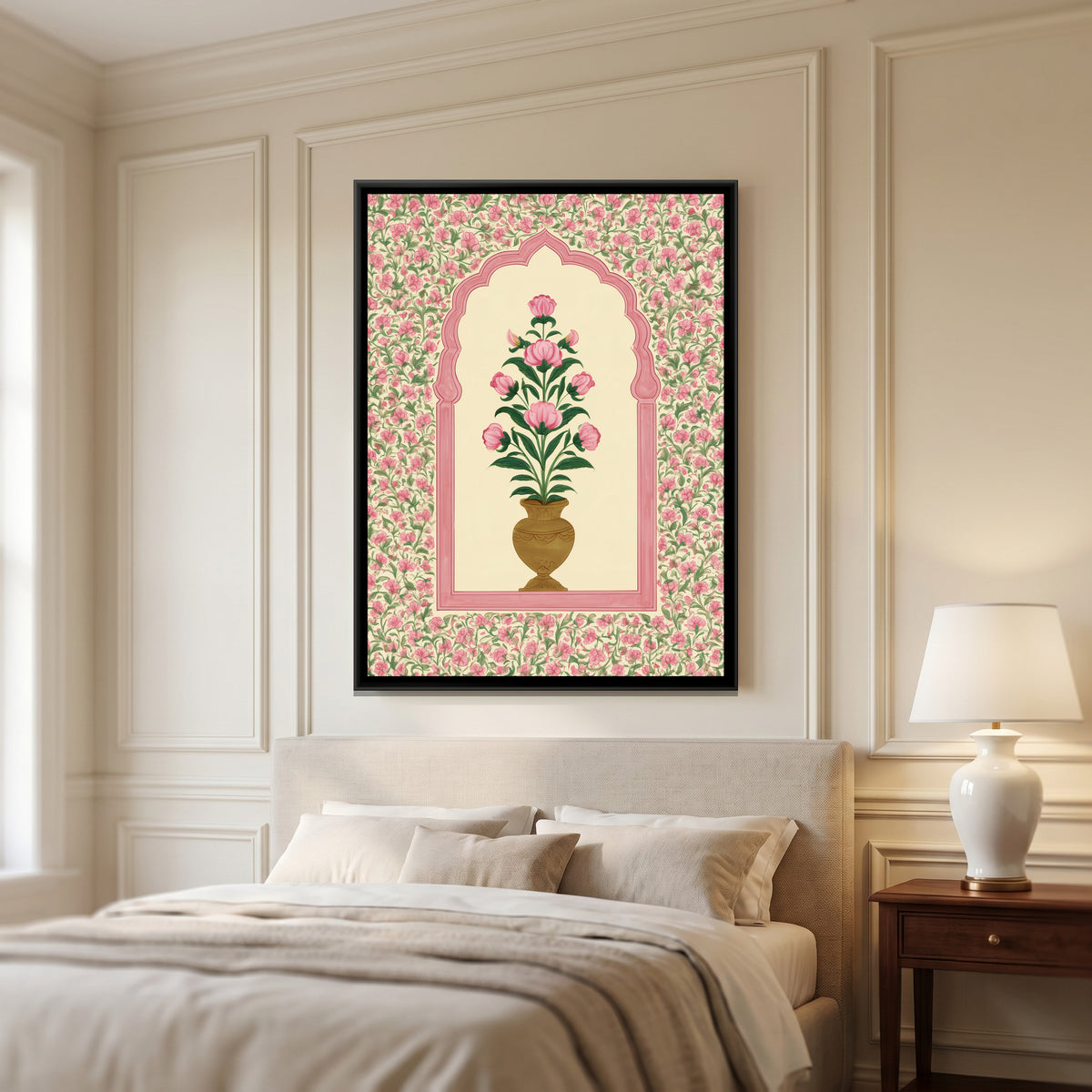 Mughal Flower Vase — canvas art shown in a second room setting