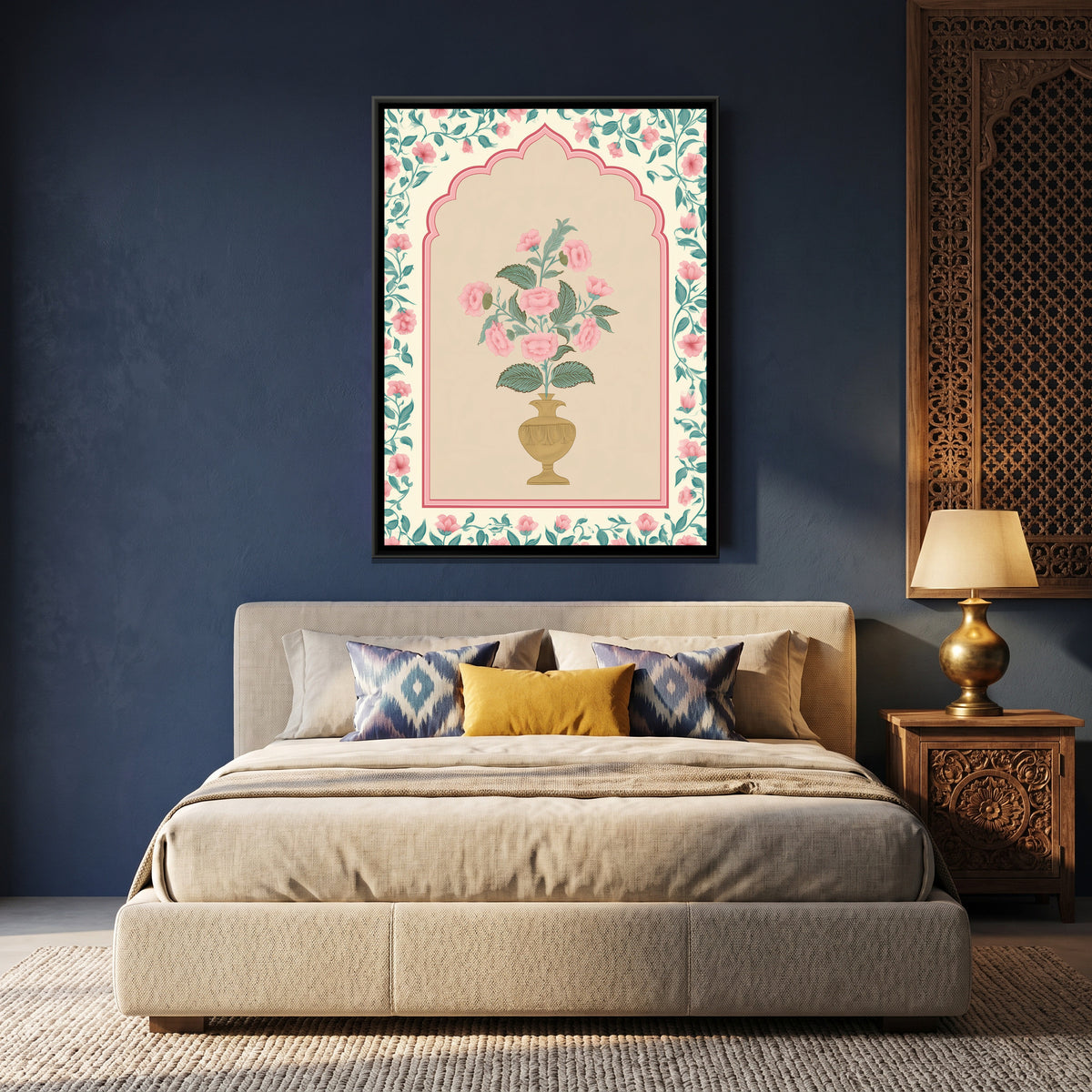 Mughal Flower Vase — canvas art shown in a second room setting