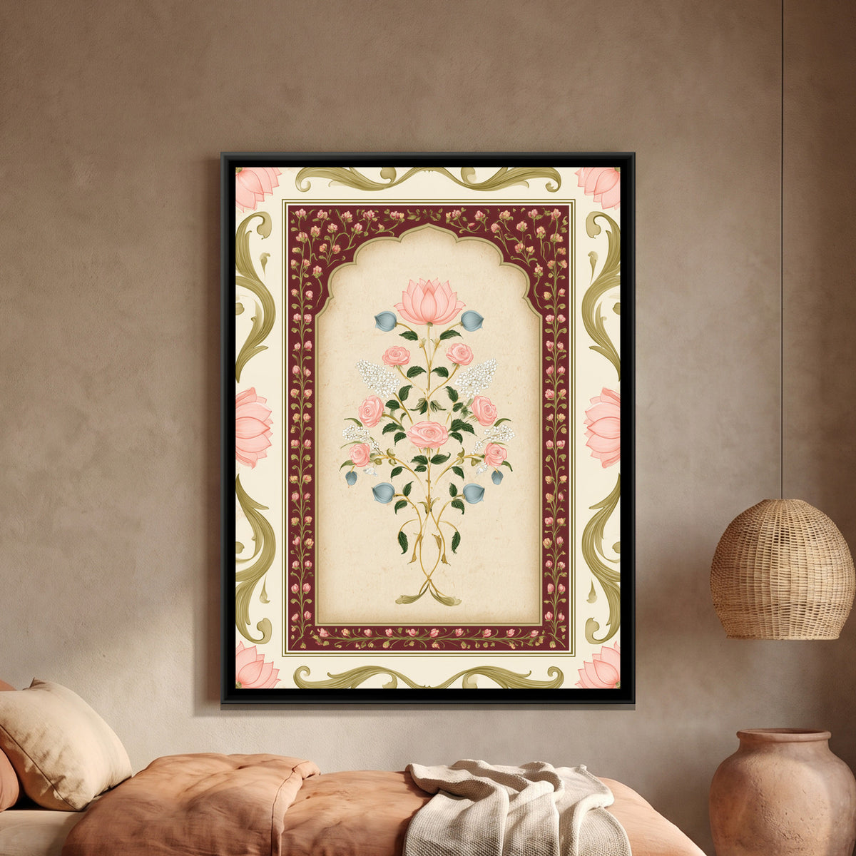 Mughal Floral Bouquet — framed canvas art hung on a wall