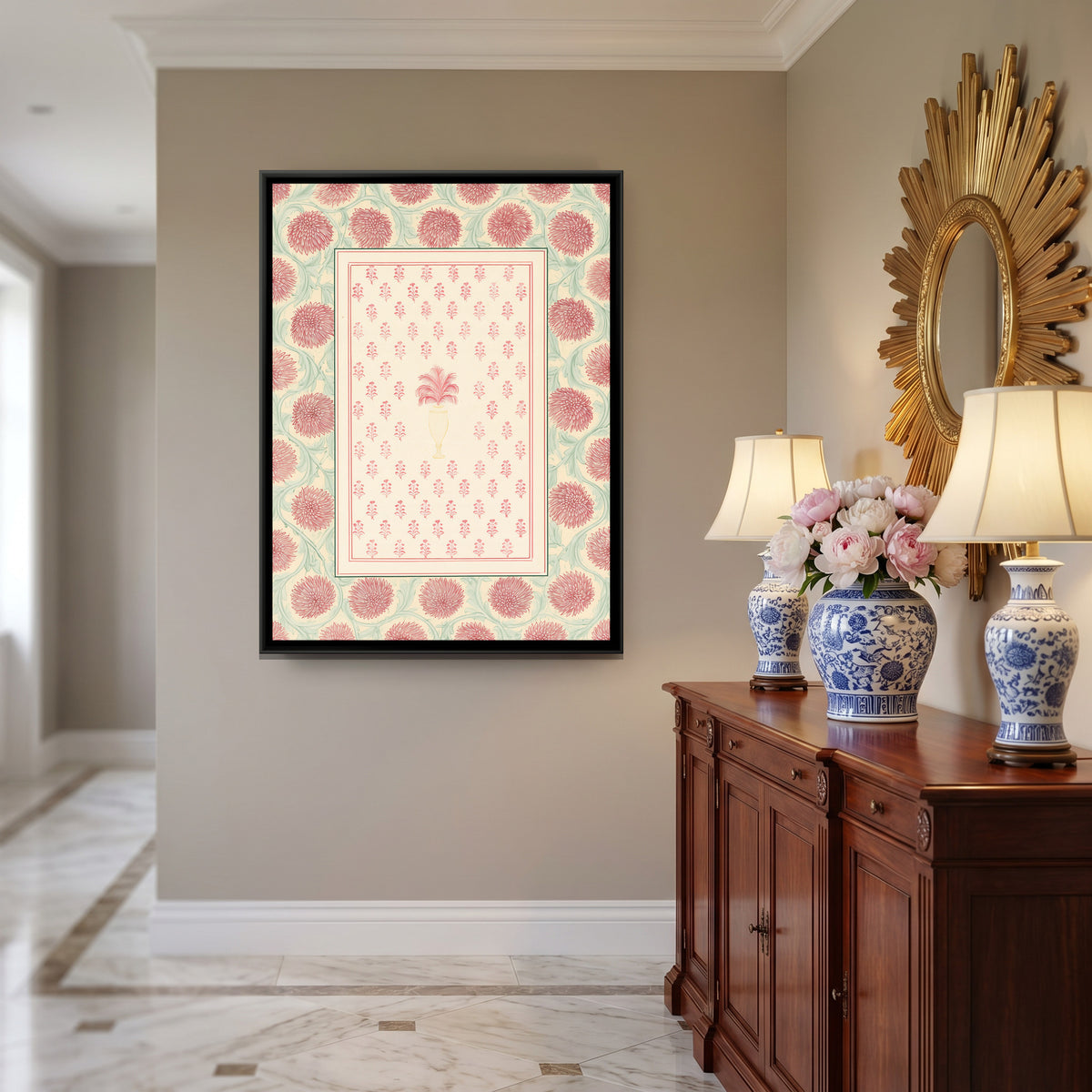 Block Print Floral Vase — canvas art shown in a styled room