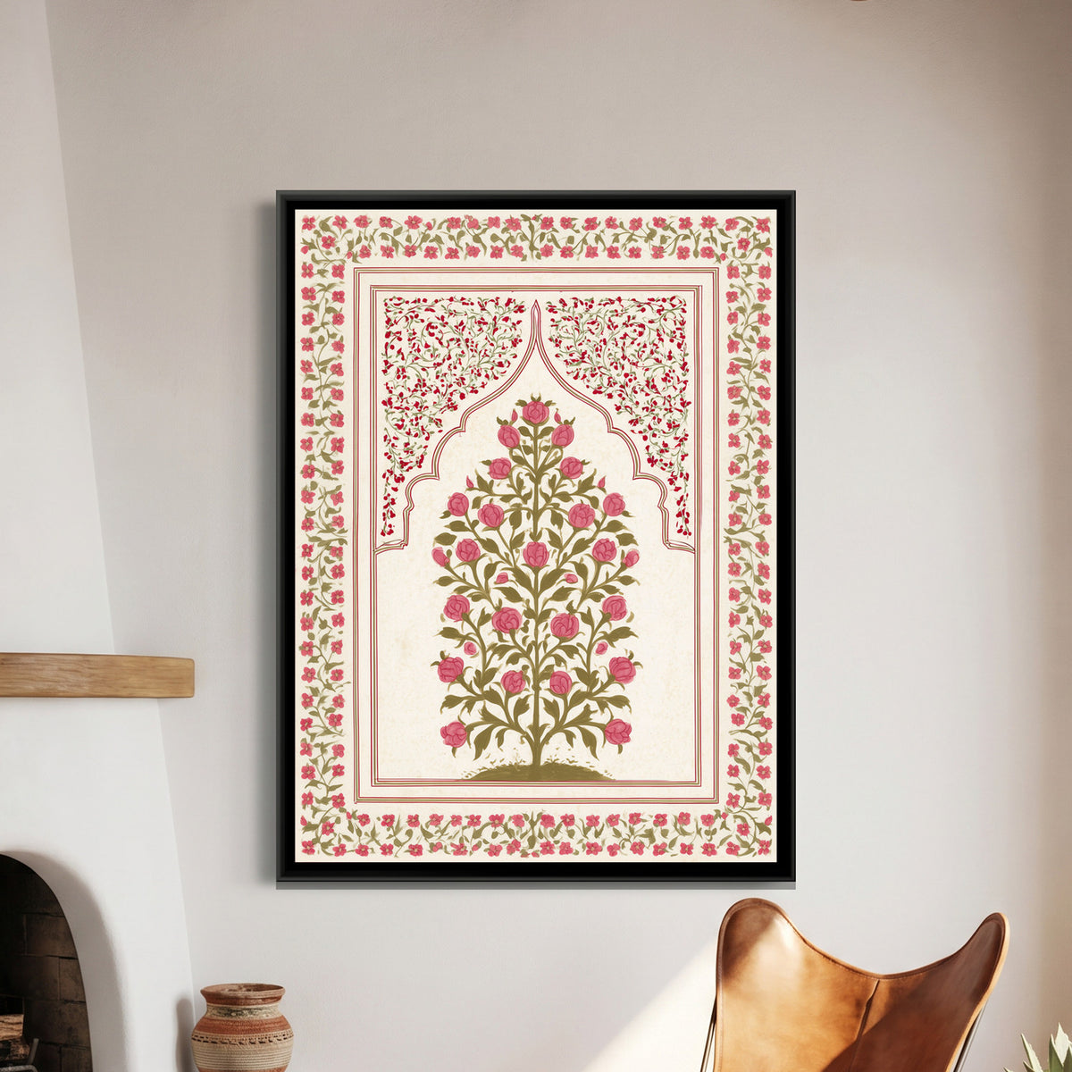 Mughal Rose Bush — framed canvas art hung on a wall