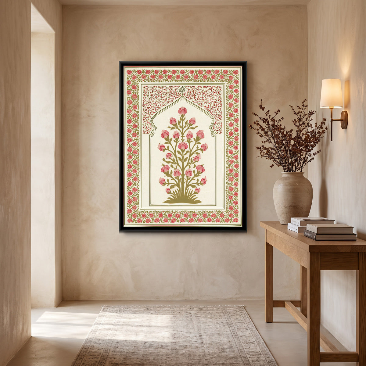 Mughal Rose Bush — canvas art shown in a styled room