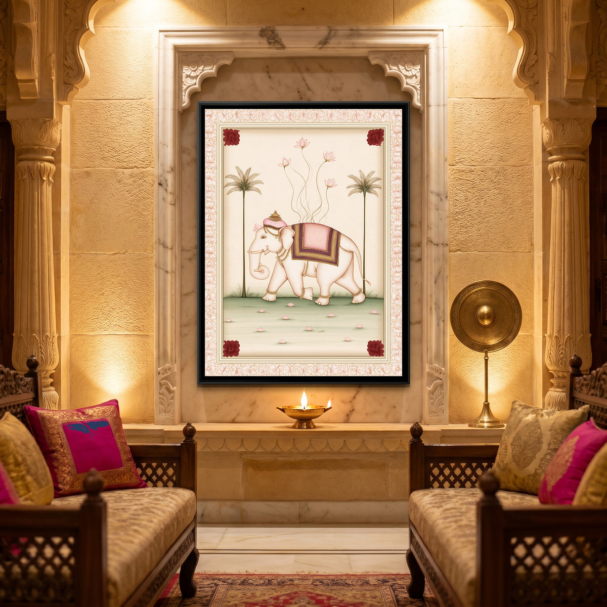 Pichwai Elephant — canvas art shown in a second room setting