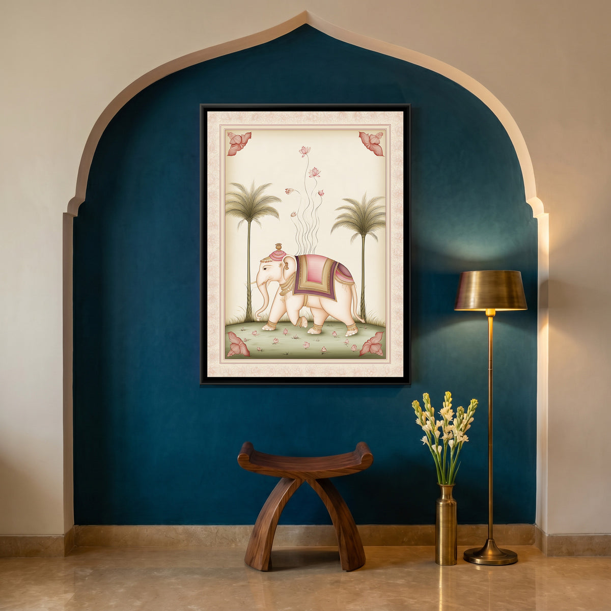 Pichwai Elephant — canvas art shown in a second room setting
