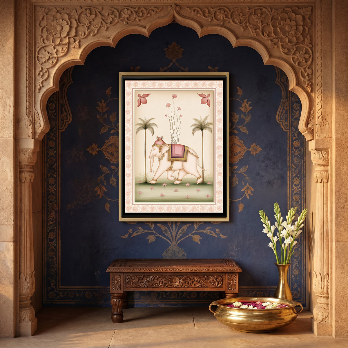 Pichwai Elephant — canvas art shown in a second room setting