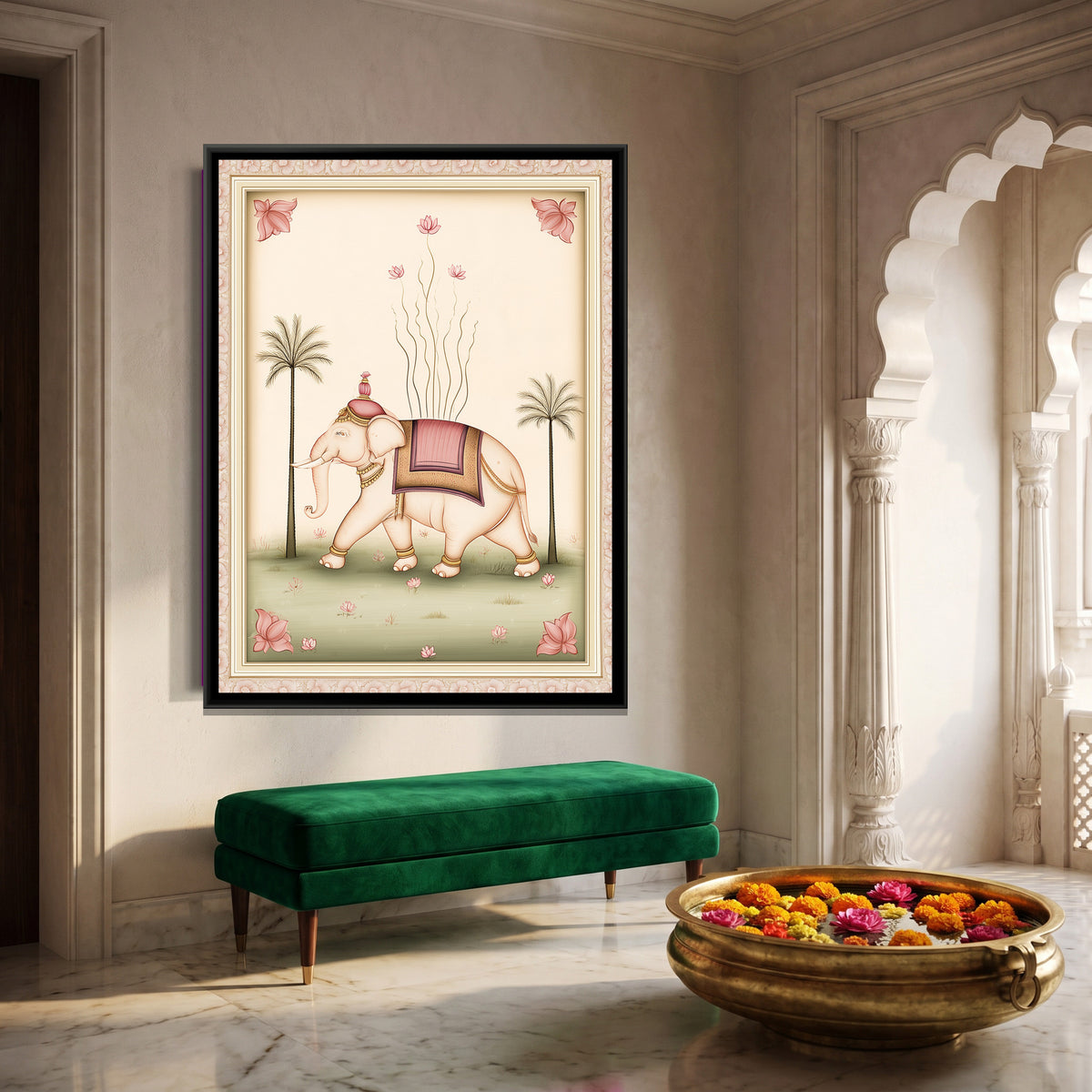 Pichwai Elephant — canvas art shown in a second room setting
