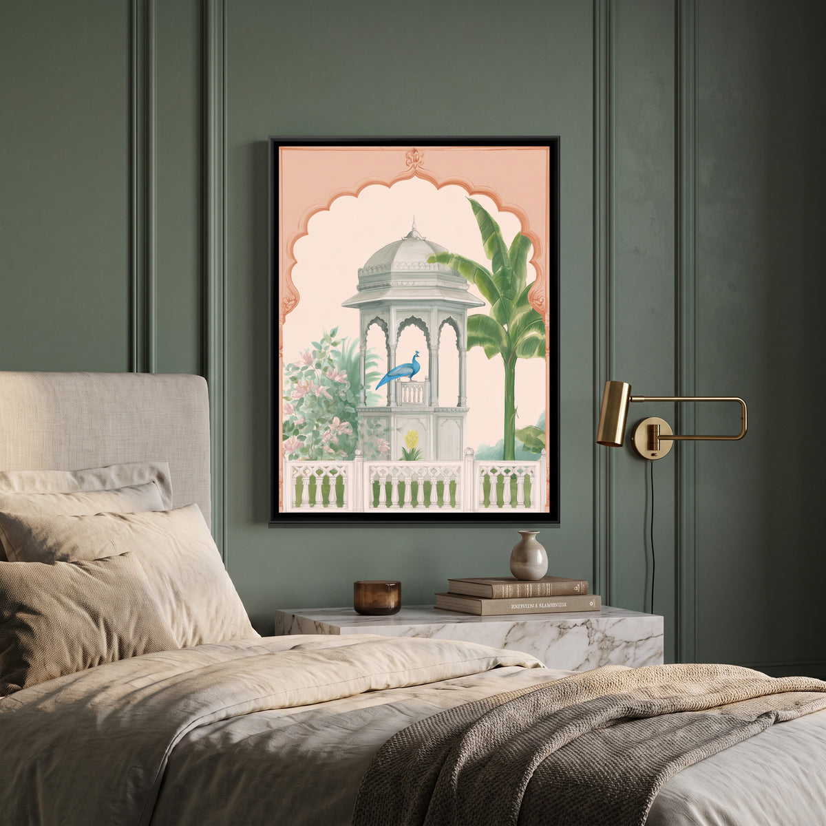 Palace Garden Peacock — canvas art shown in a styled room