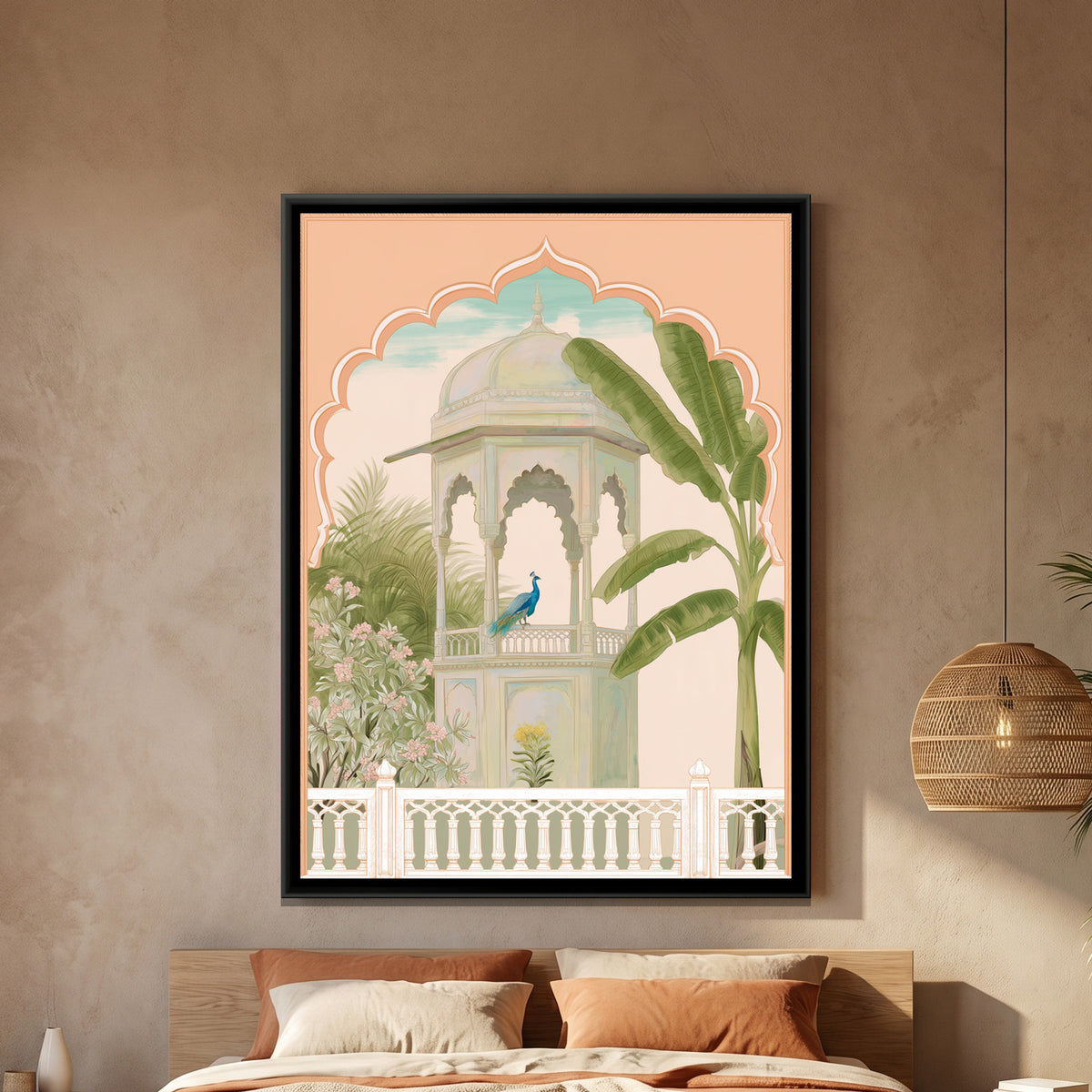 Palace Garden Peacock — framed canvas art hung on a wall
