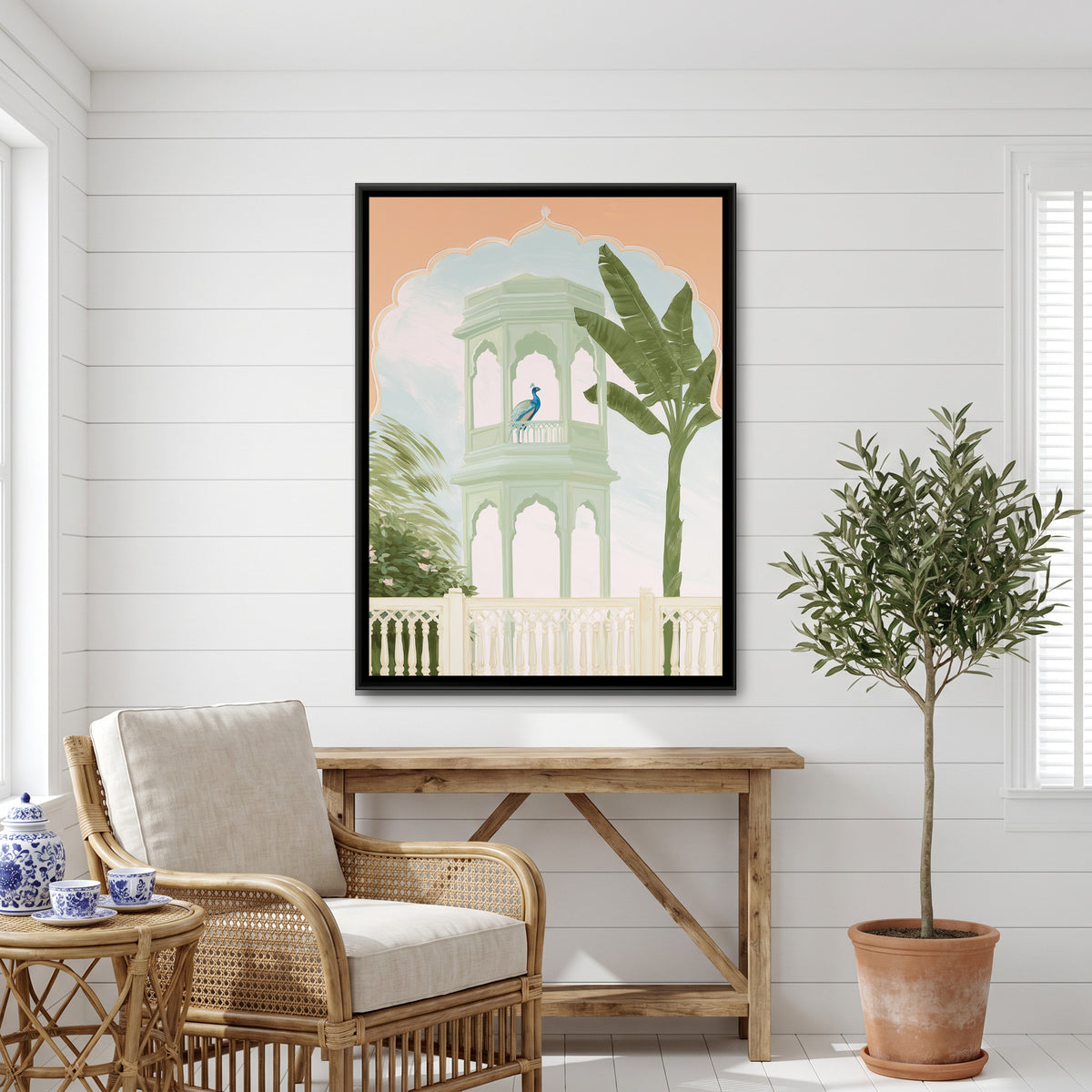 Palace Garden Peacock — canvas art shown in a second room setting