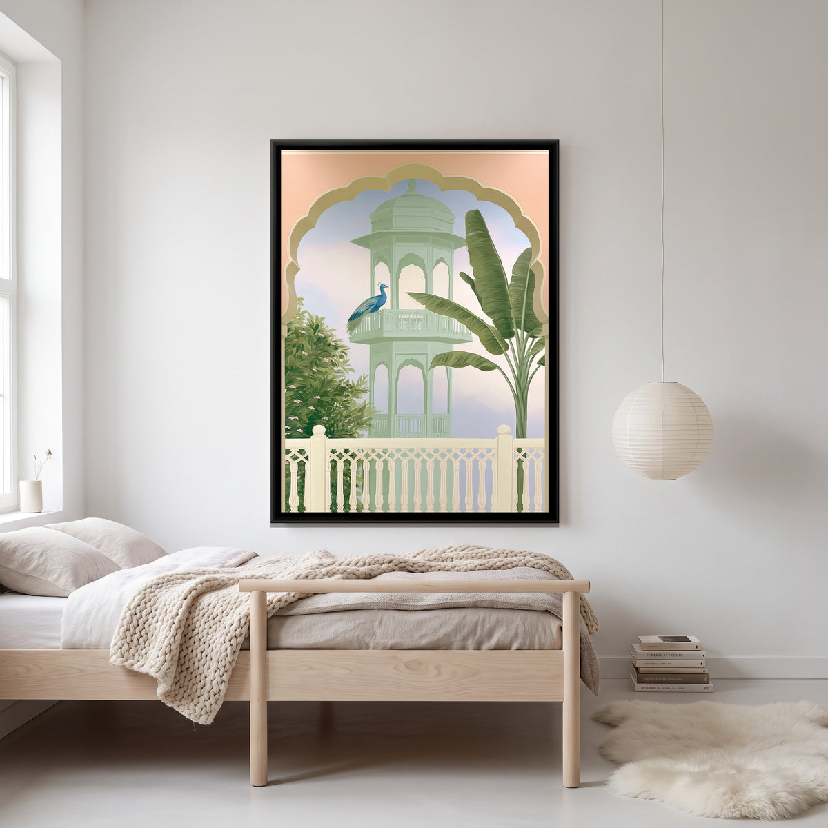 Palace Garden Peacock — canvas art shown in a styled room