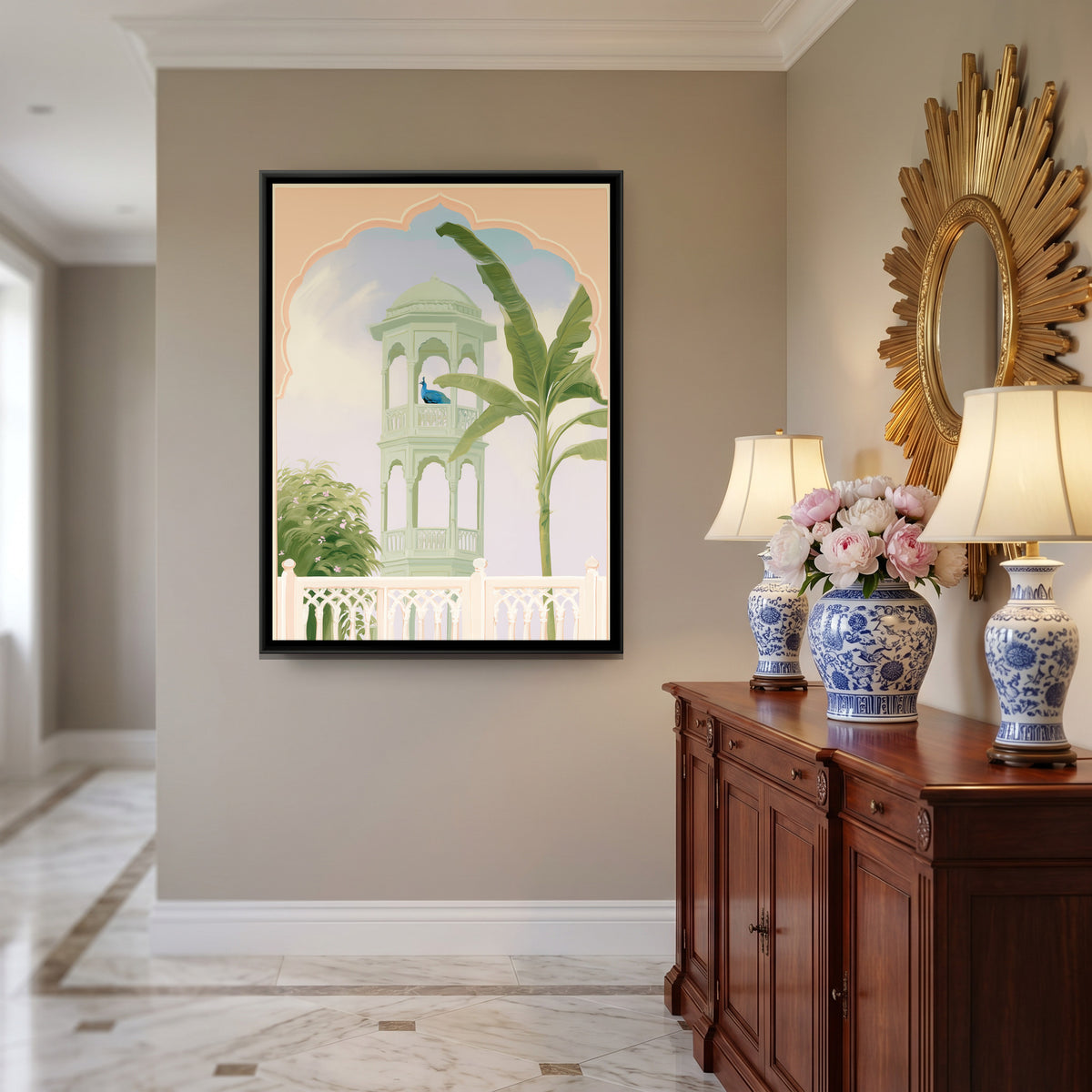 Palace Garden Peacock — canvas art shown in a styled room