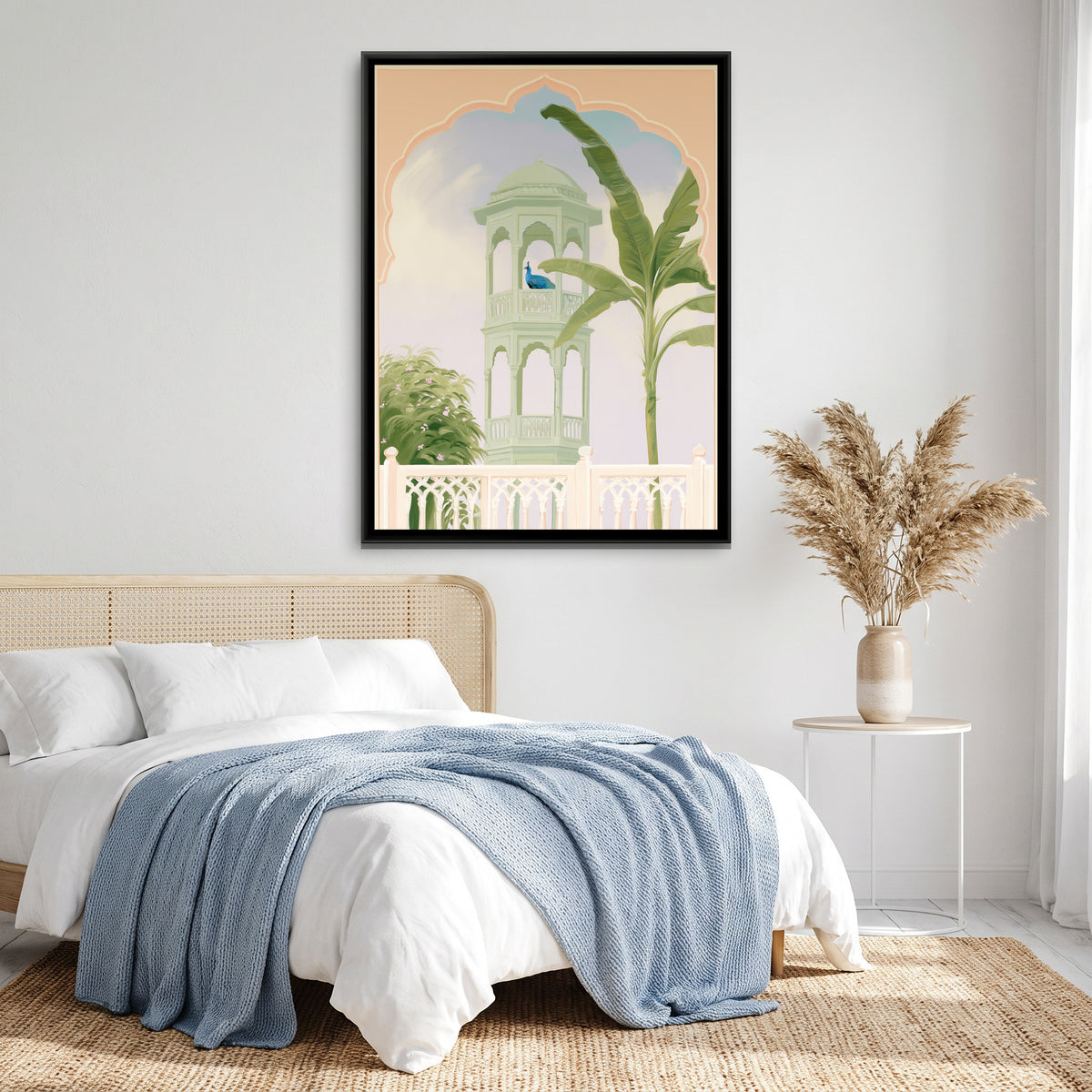 Palace Garden Peacock — canvas art shown in a second room setting