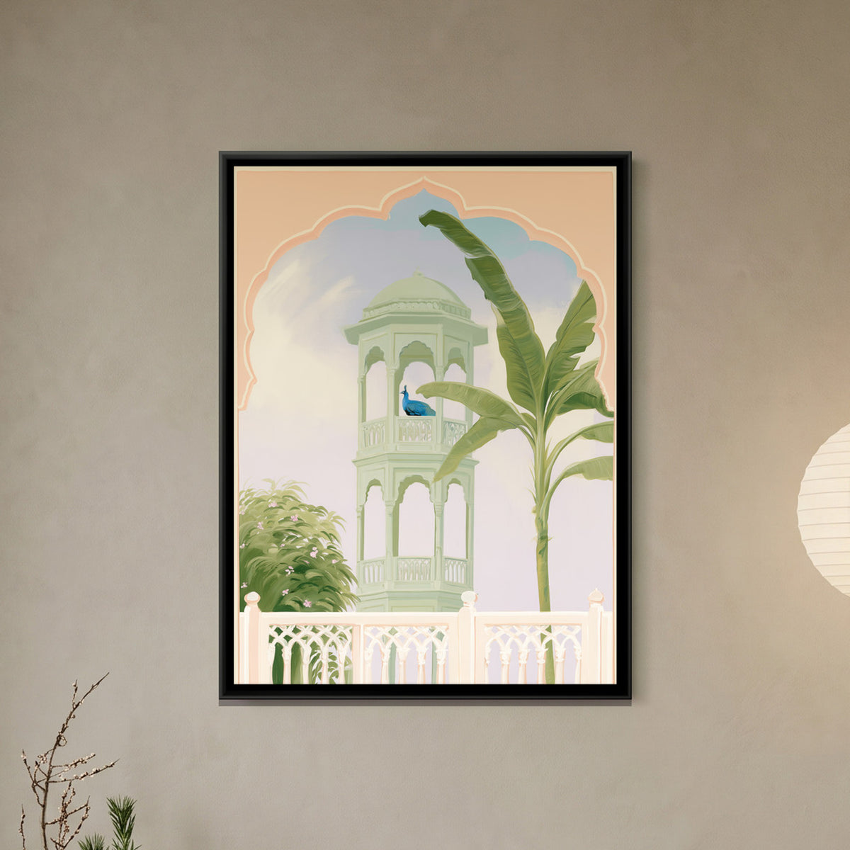 Palace Garden Peacock — framed canvas art hung on a wall