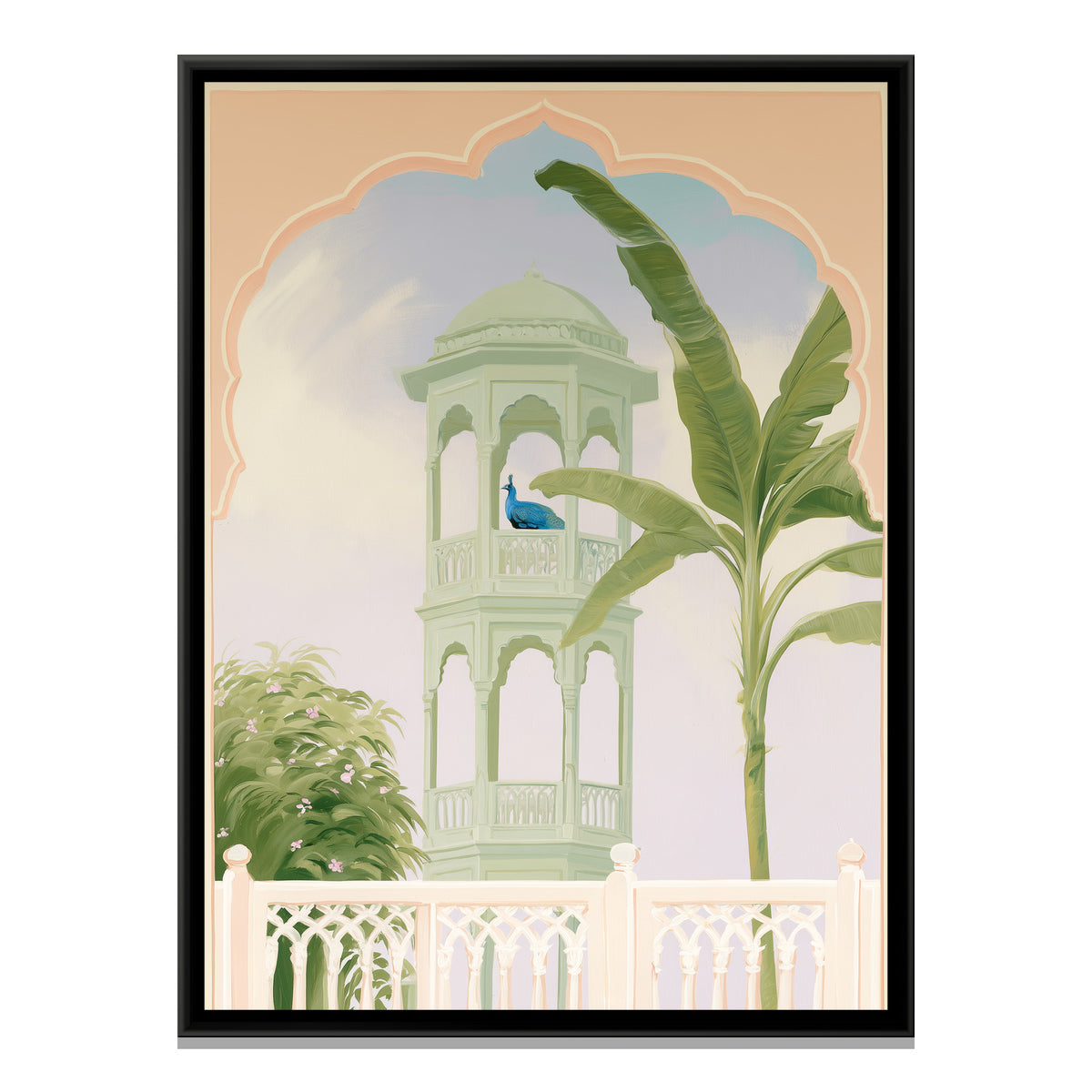 Palace Garden Peacock — framed canvas print, front view