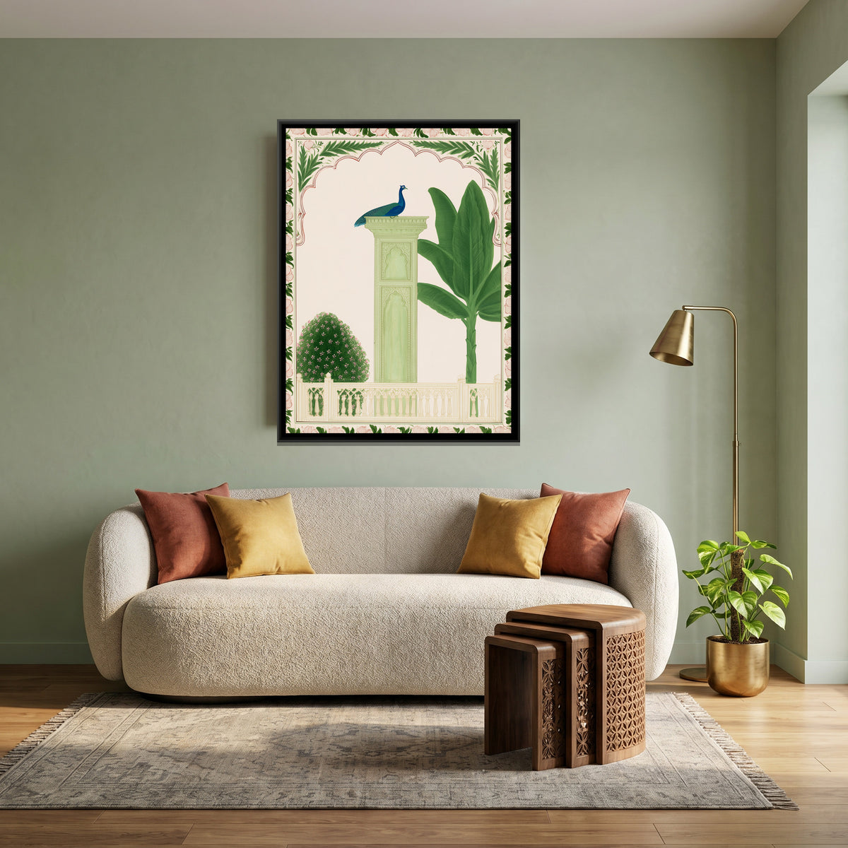Palace Garden Peacock — canvas art shown in a second room setting