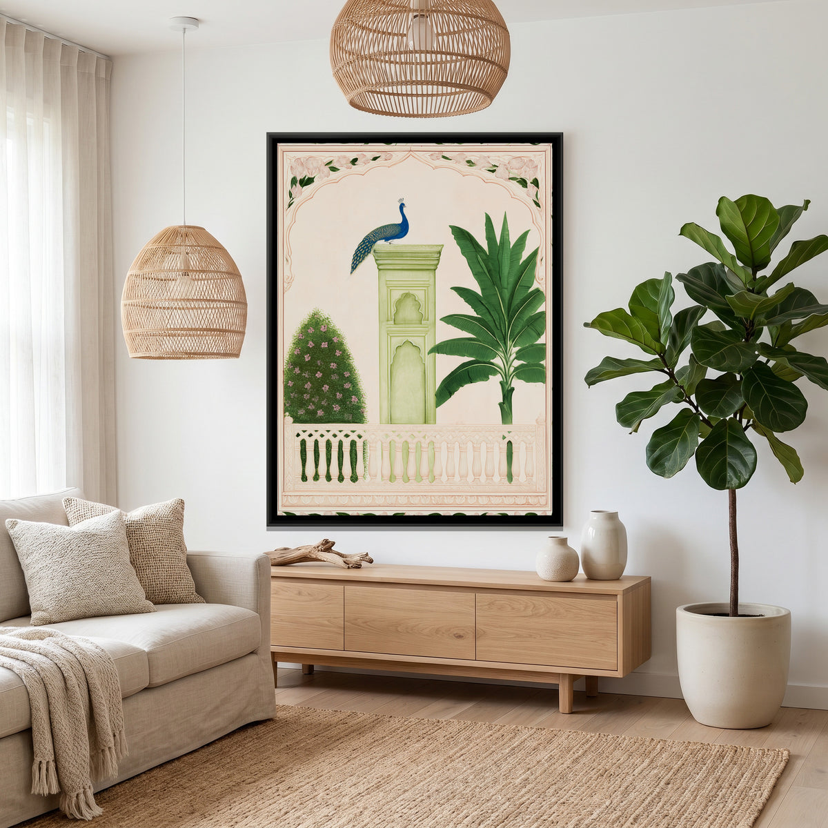 Palace Garden Peacock — canvas art shown in a styled room