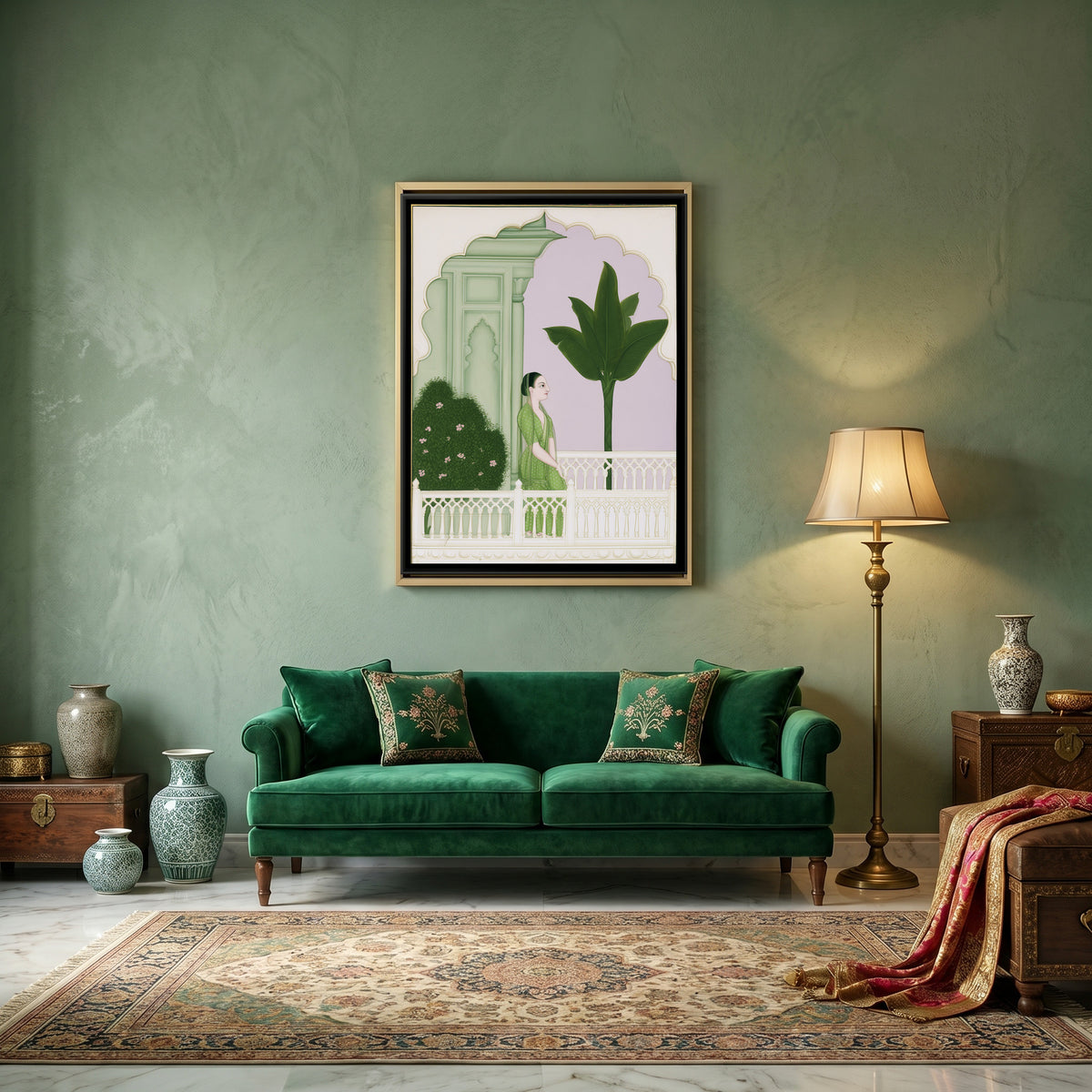Lady on a Palace Terrace — canvas art shown in a styled room
