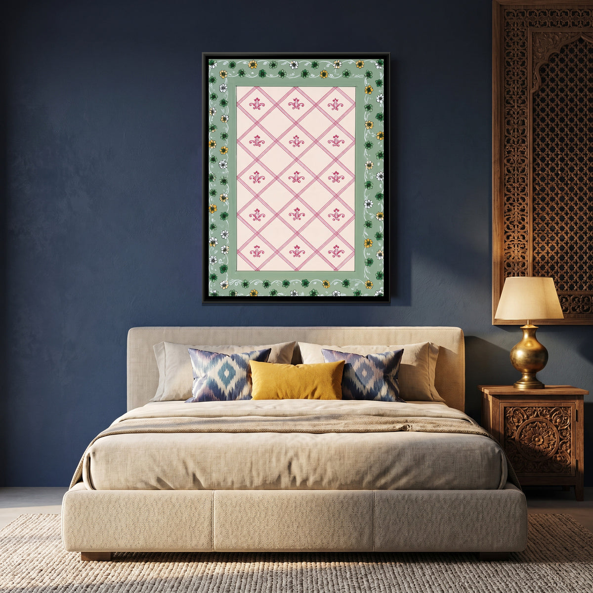 Mughal Floral Lattice — canvas art shown in a second room setting