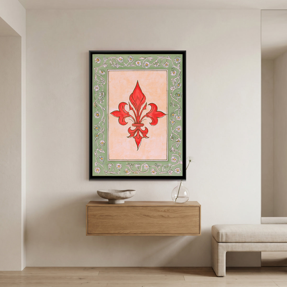 Red Fleur de Lis — canvas art shown in a second room setting