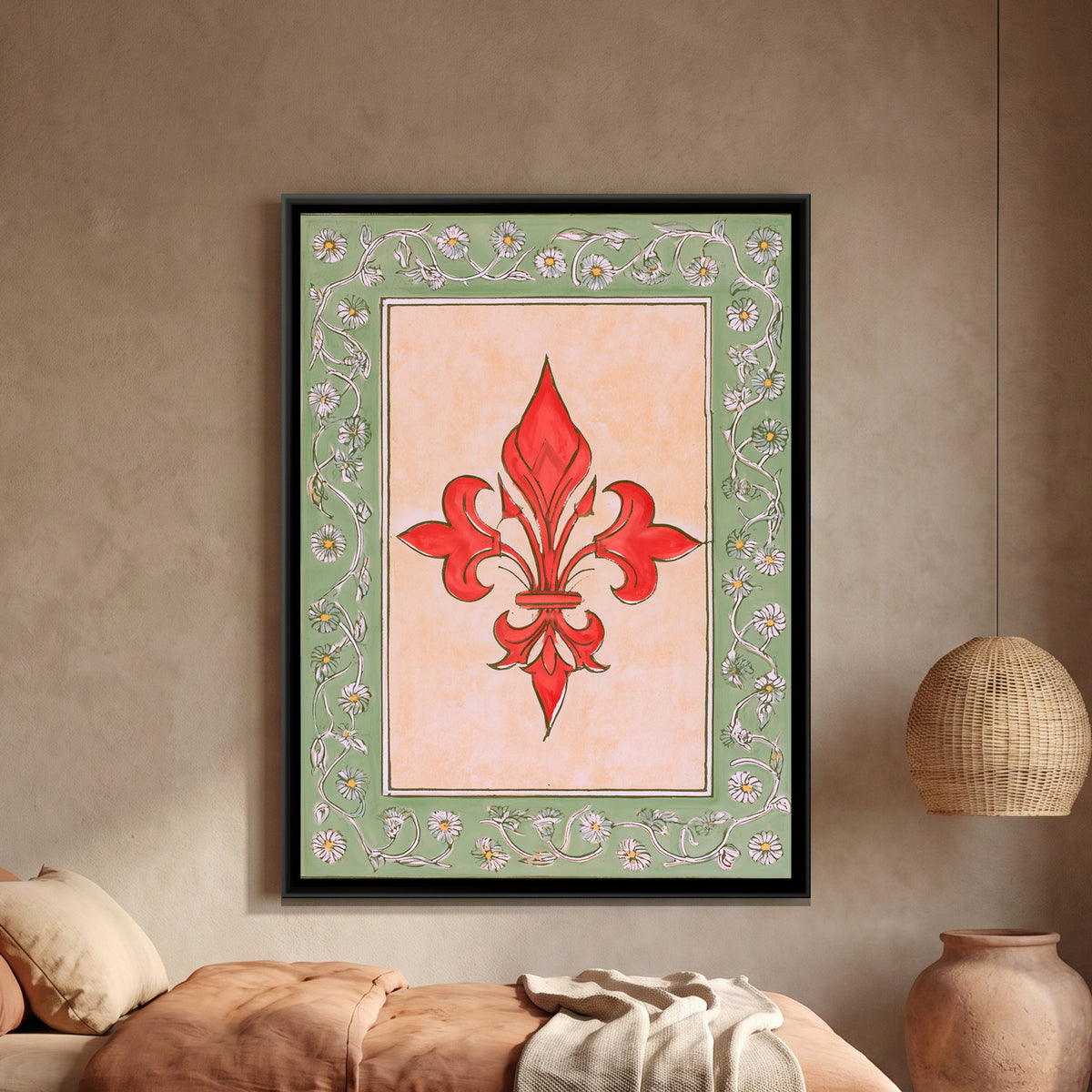Red Fleur de Lis — framed canvas art hung on a wall