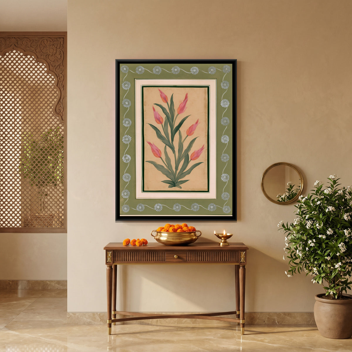 Mughal Tulips — canvas art shown in a second room setting