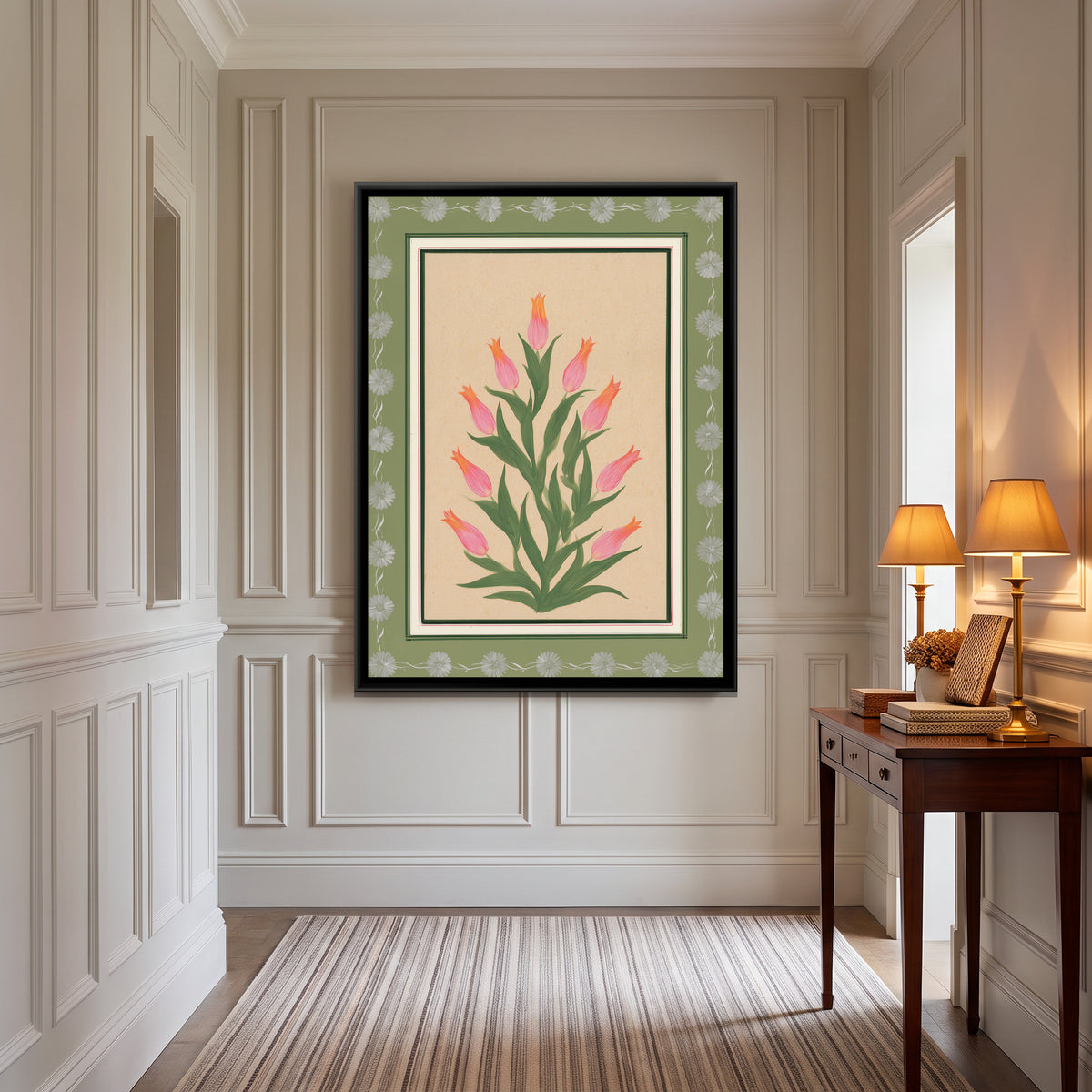 Mughal Tulips — canvas art shown in a styled room