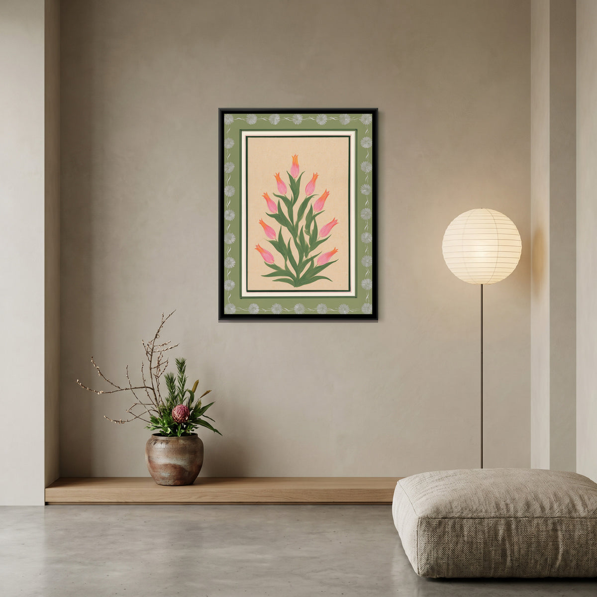 Mughal Tulips — canvas art shown in a second room setting