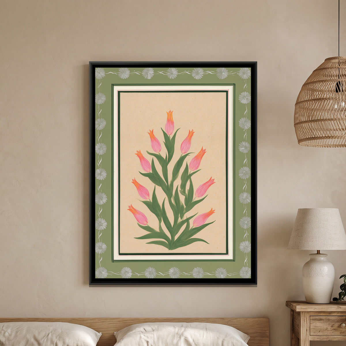 Mughal Tulips — framed canvas art hung on a wall