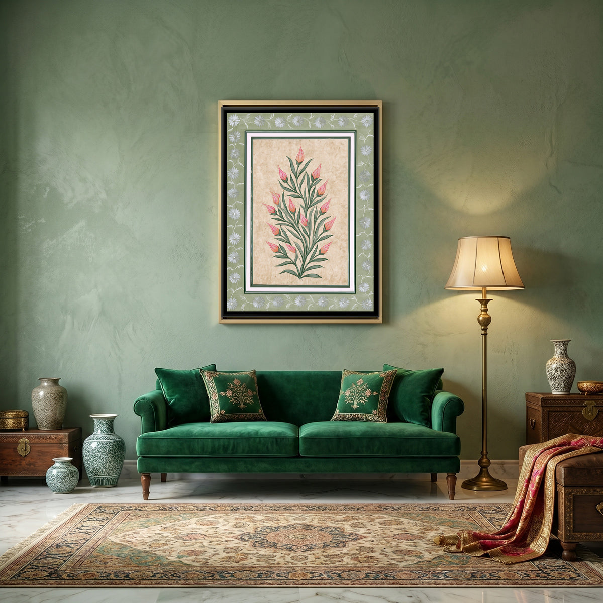 Mughal Tulips — canvas art shown in a second room setting