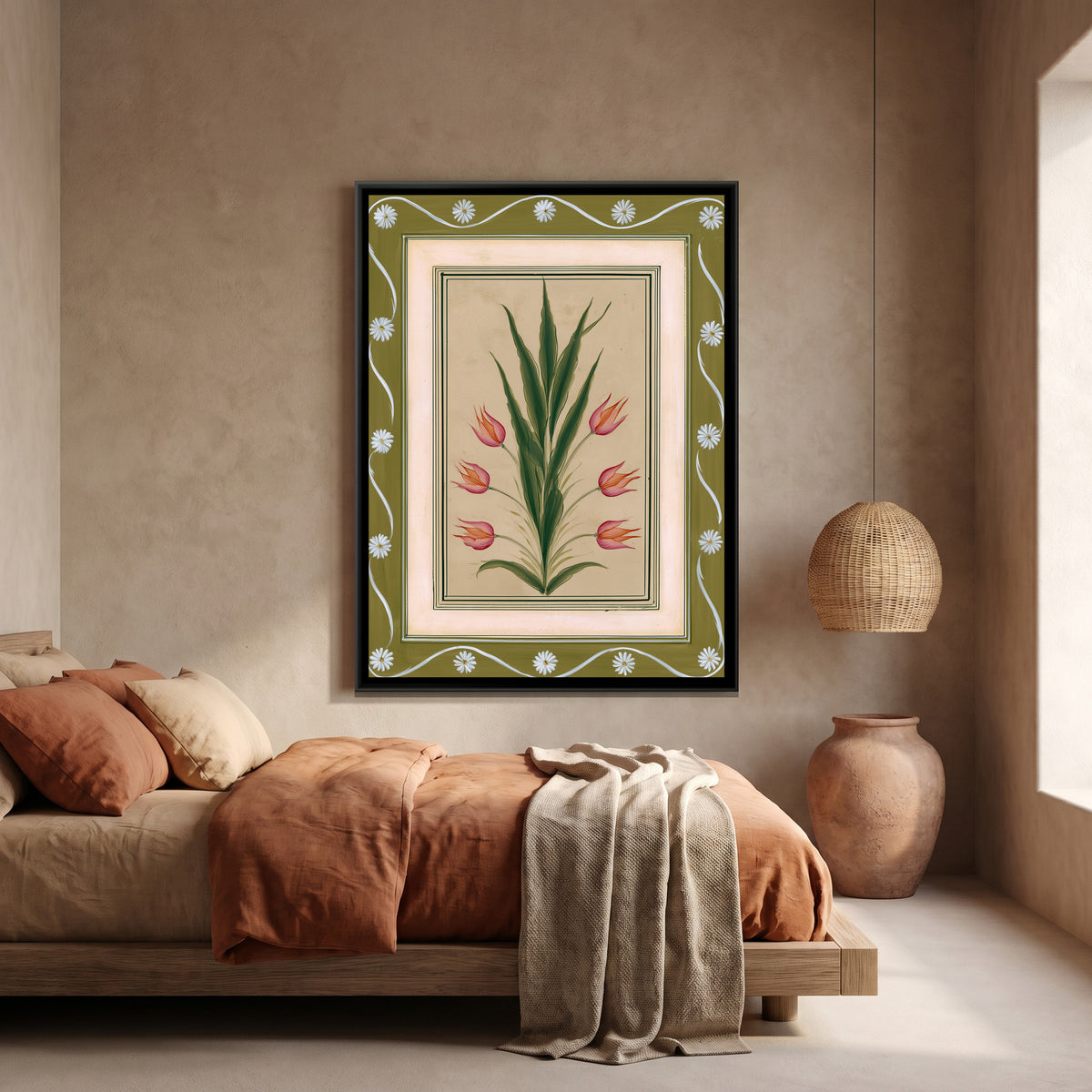 Mughal Tulips — canvas art shown in a styled room