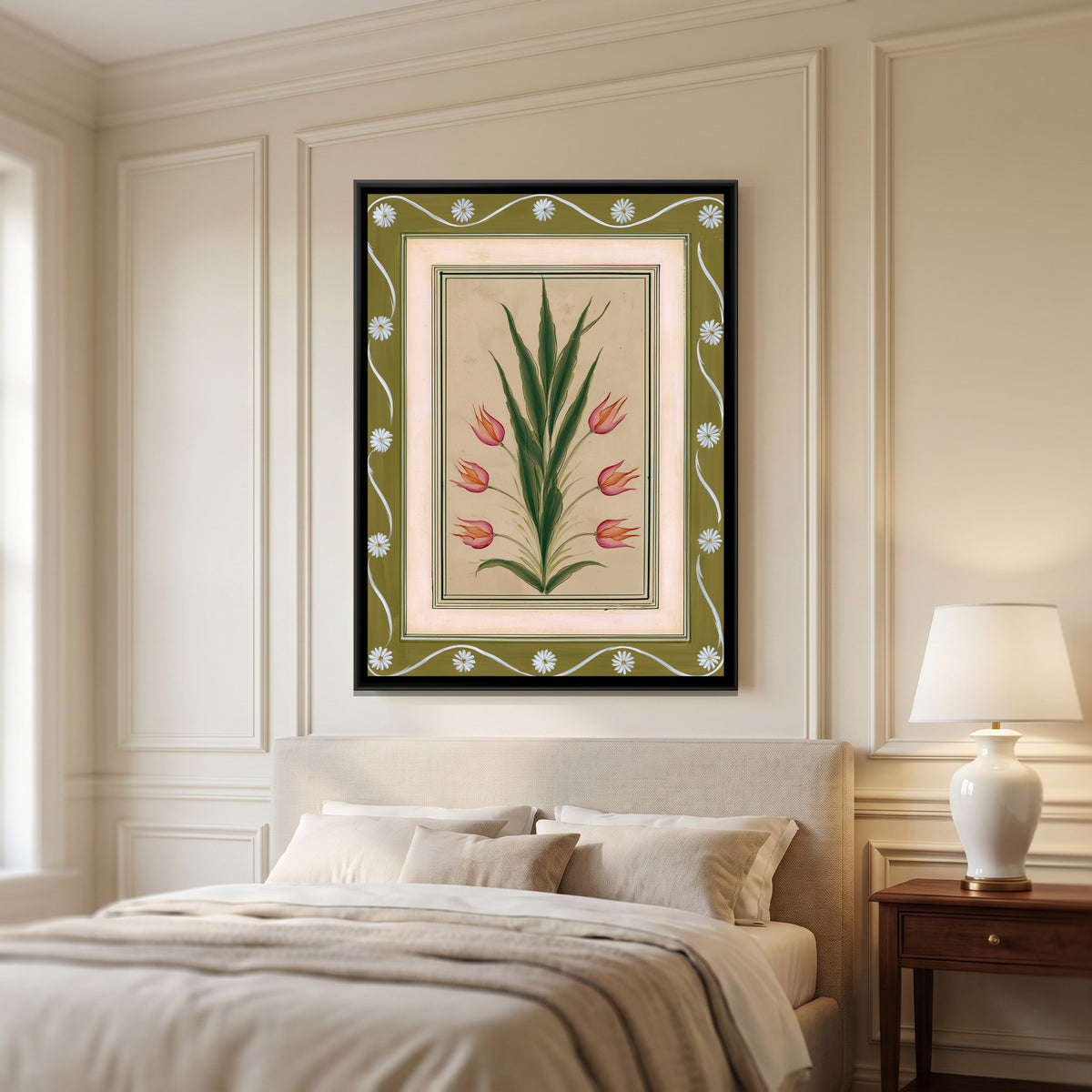 Mughal Tulips — canvas art shown in a second room setting