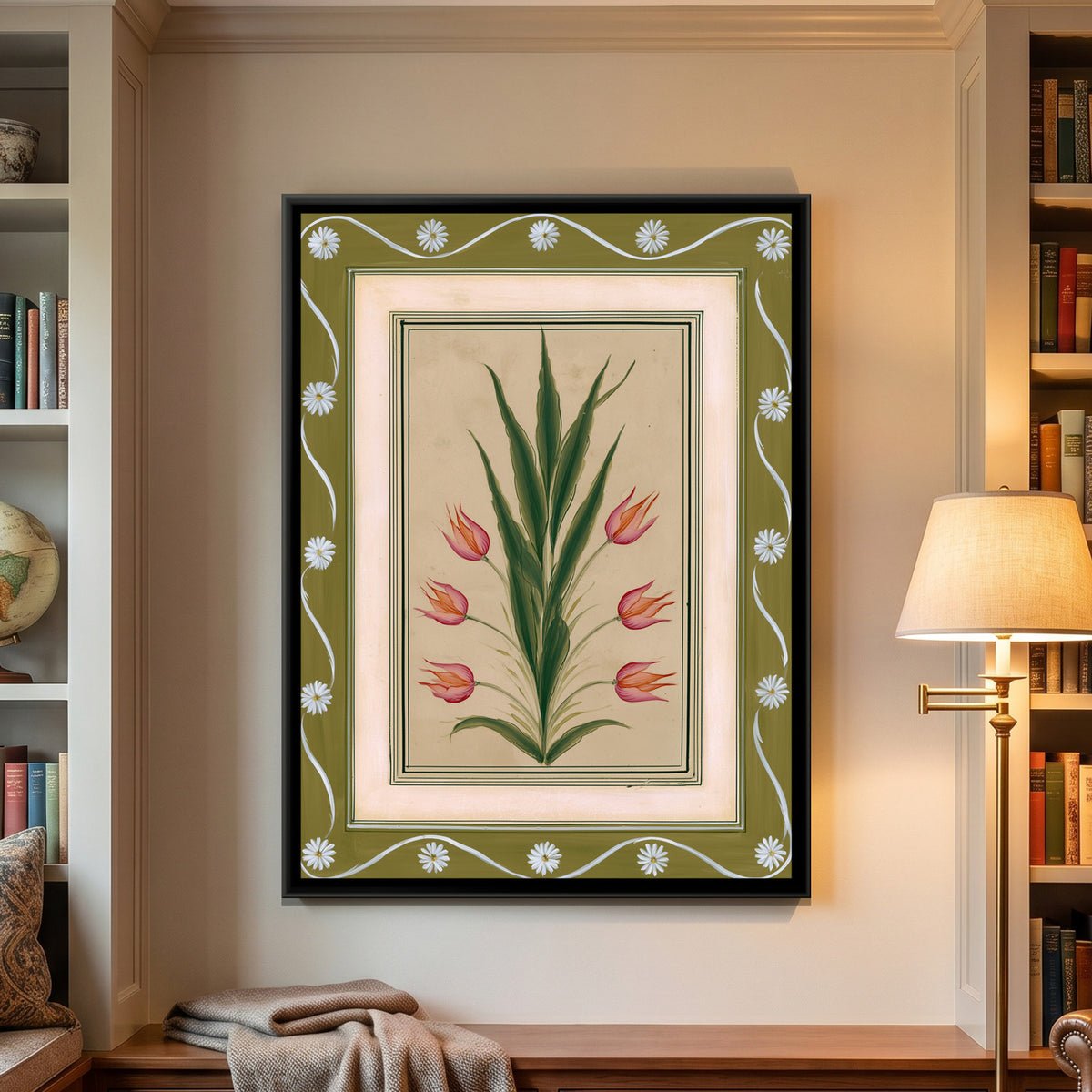 Mughal Tulips — framed canvas art hung on a wall