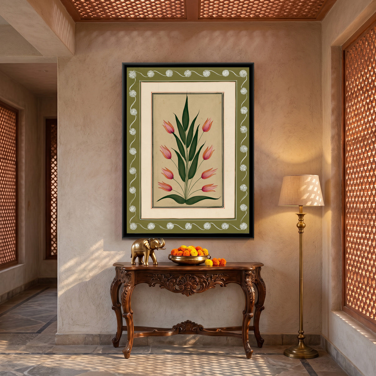 Mughal Tulips — canvas art shown in a second room setting