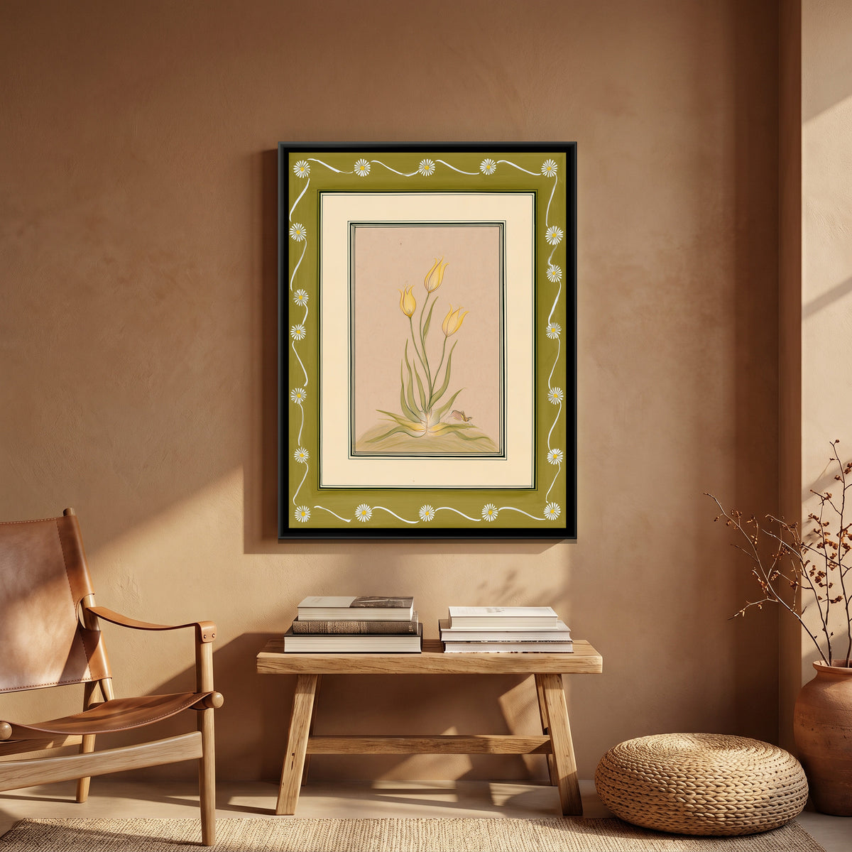 Mughal Tulips — canvas art shown in a second room setting