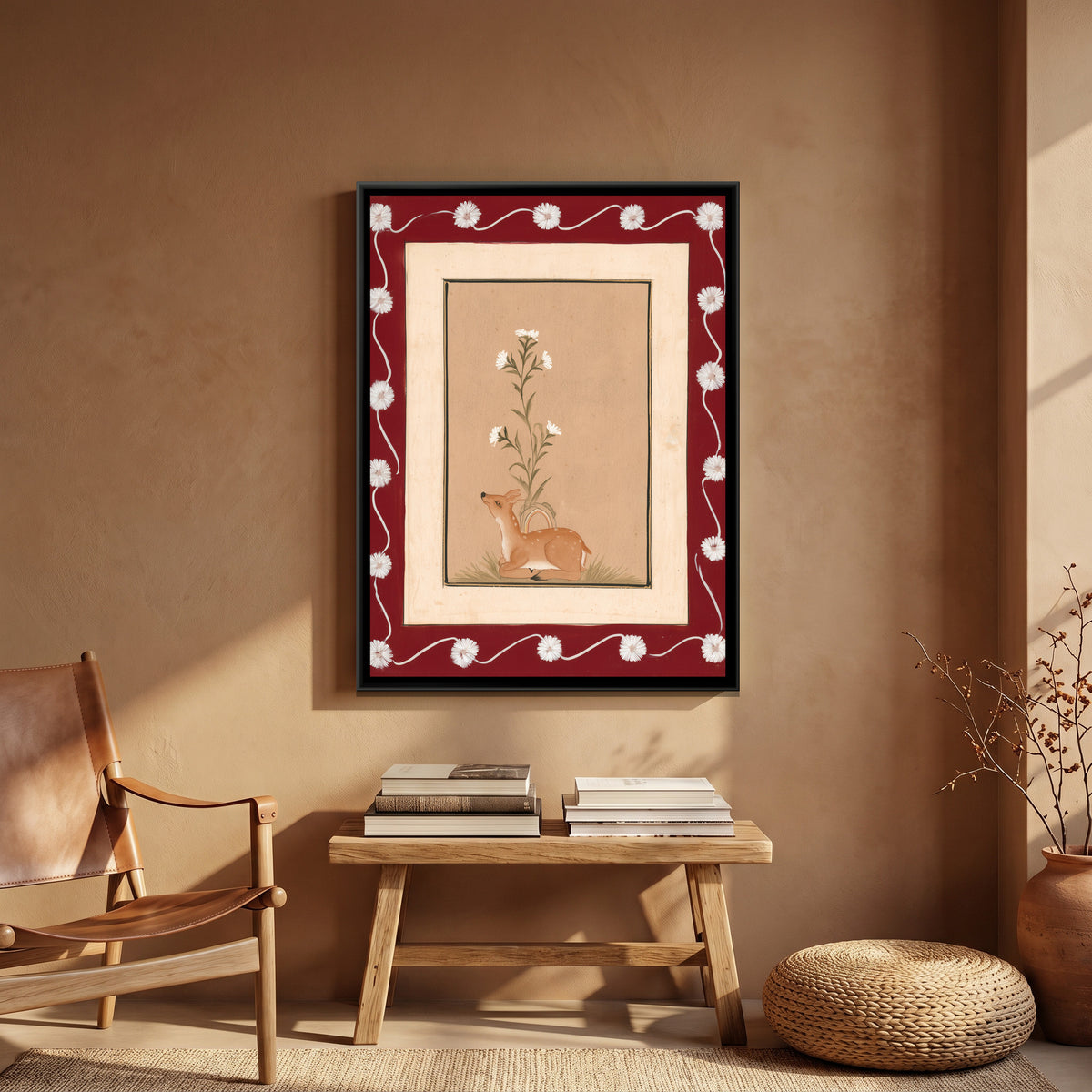 Mughal Deer — canvas art shown in a second room setting