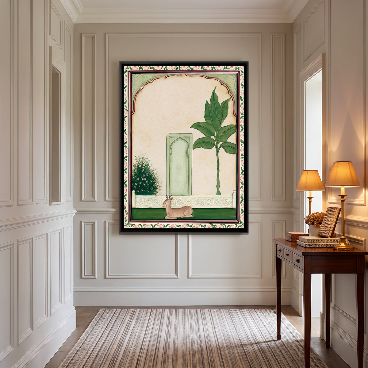 Deer in Palace Garden — canvas art shown in a second room setting