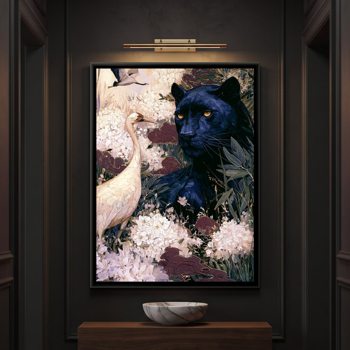 Black Panther and Cranes — framed canvas art hung on a wall