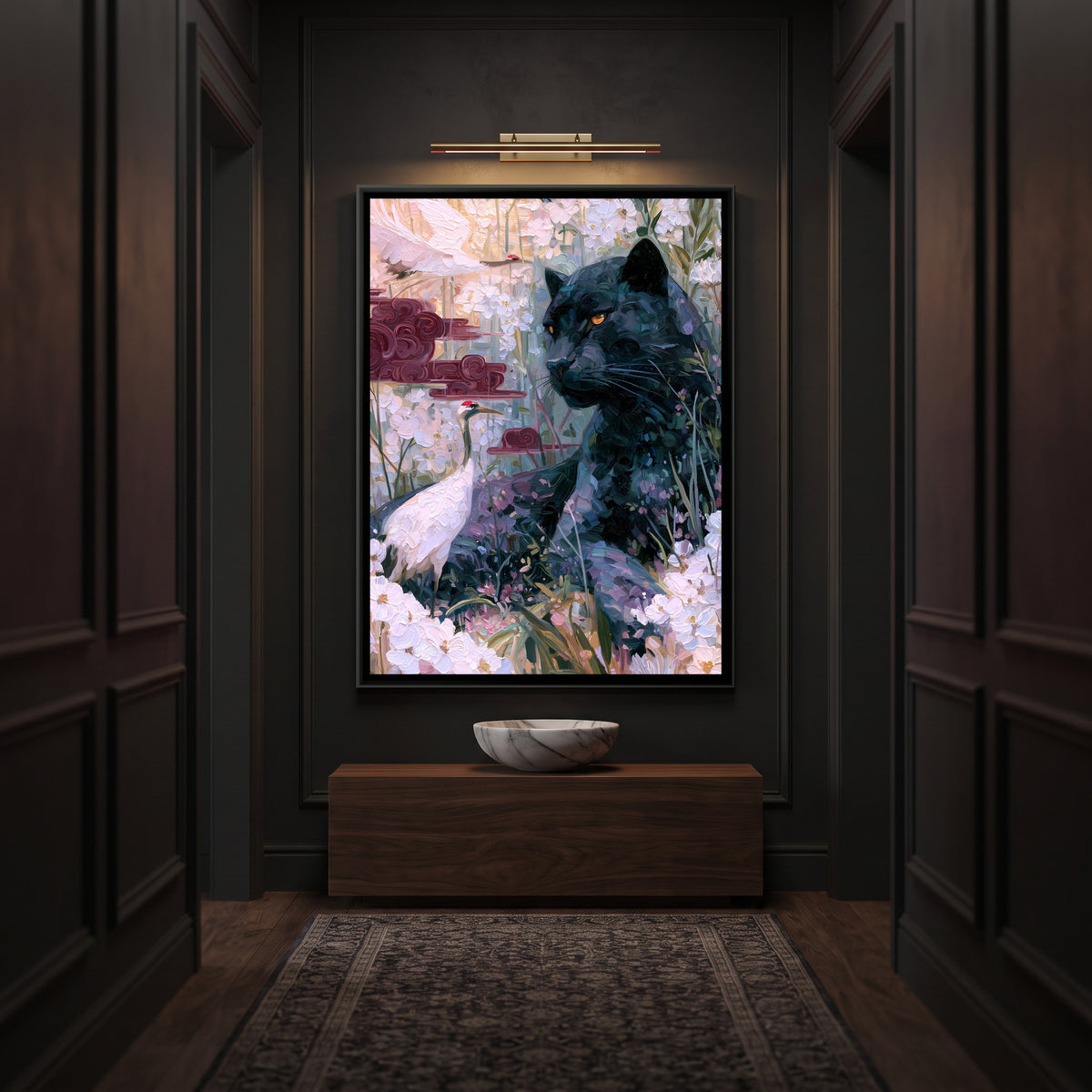 Black Panther and Cranes — canvas art shown in a styled room