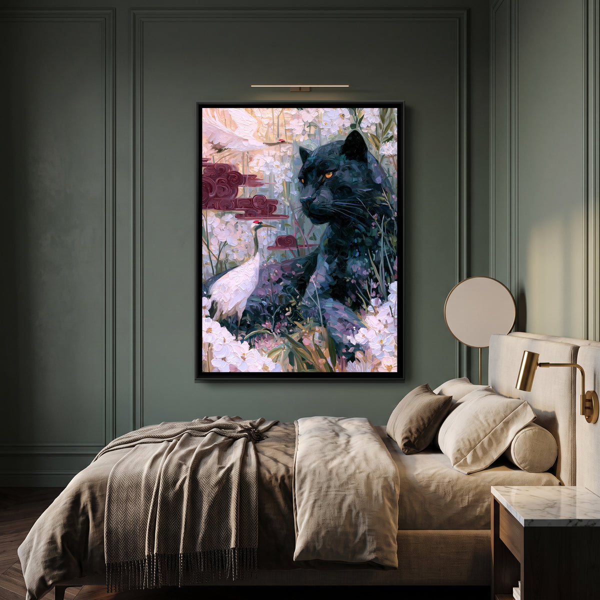 Black Panther and Cranes — canvas art shown in a second room setting