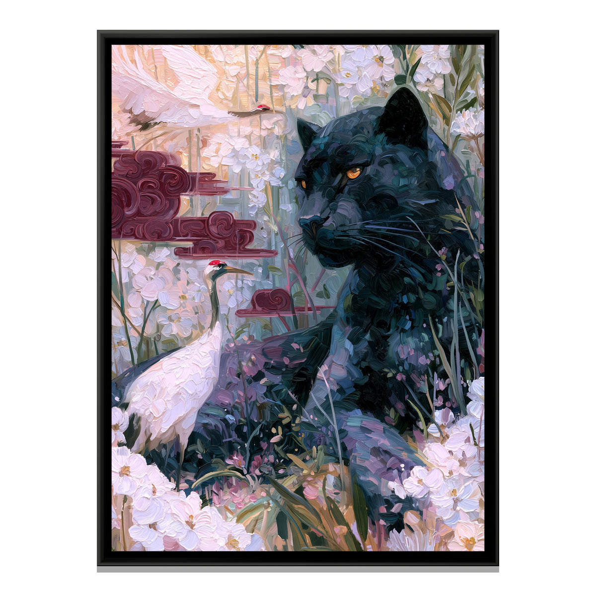 Black Panther and Cranes — framed canvas print, front view