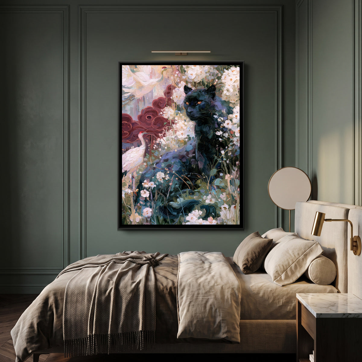 Black Panther and Cranes — canvas art shown in a second room setting