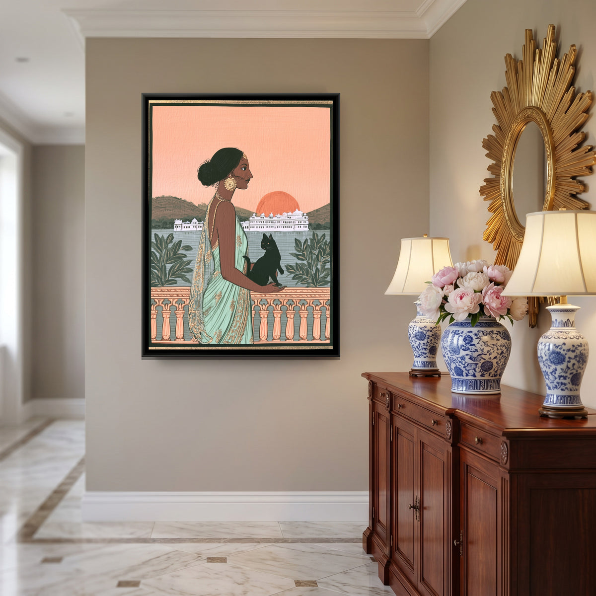 Woman with Black Cat — canvas art shown in a second room setting