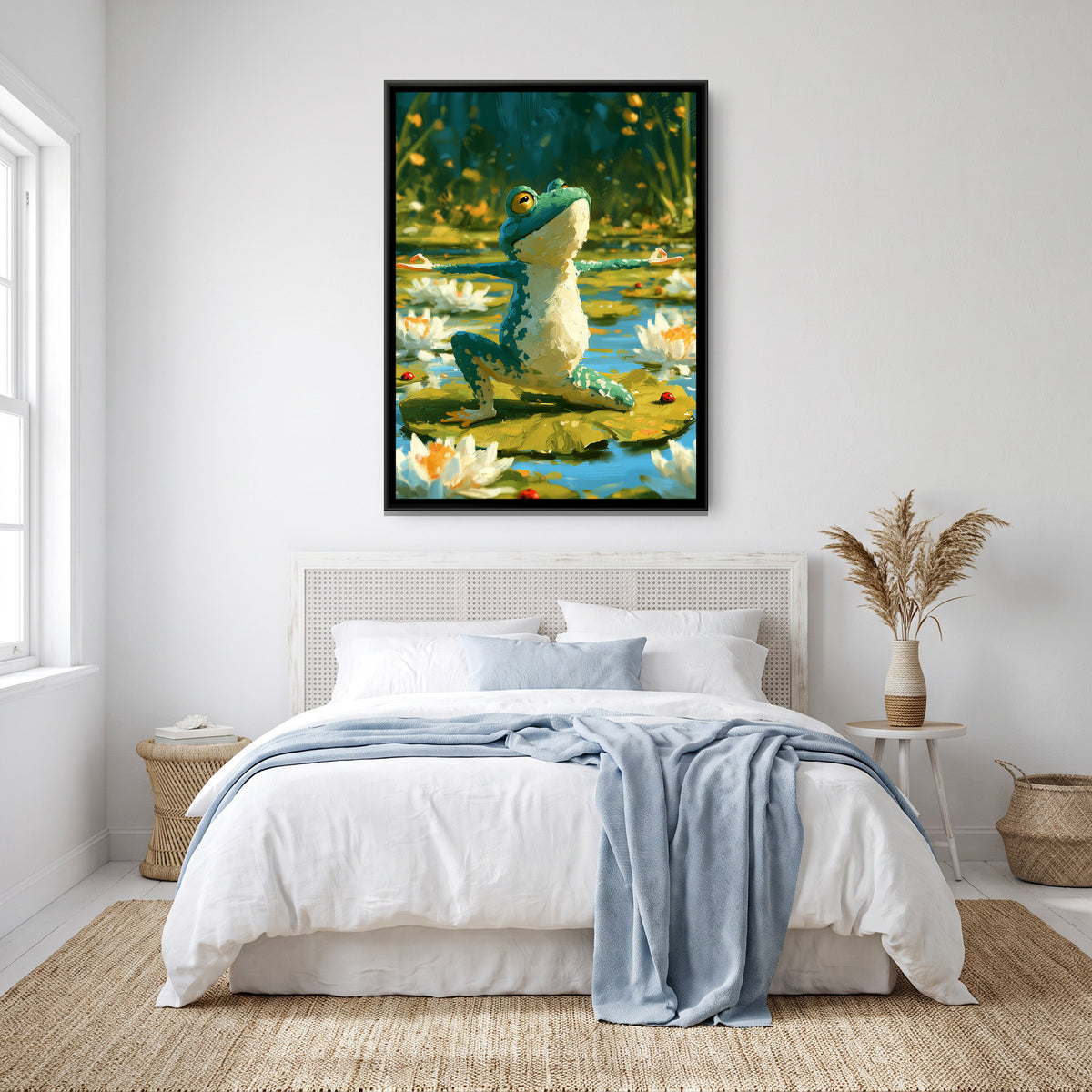 Yoga Frog — canvas art shown in a styled room