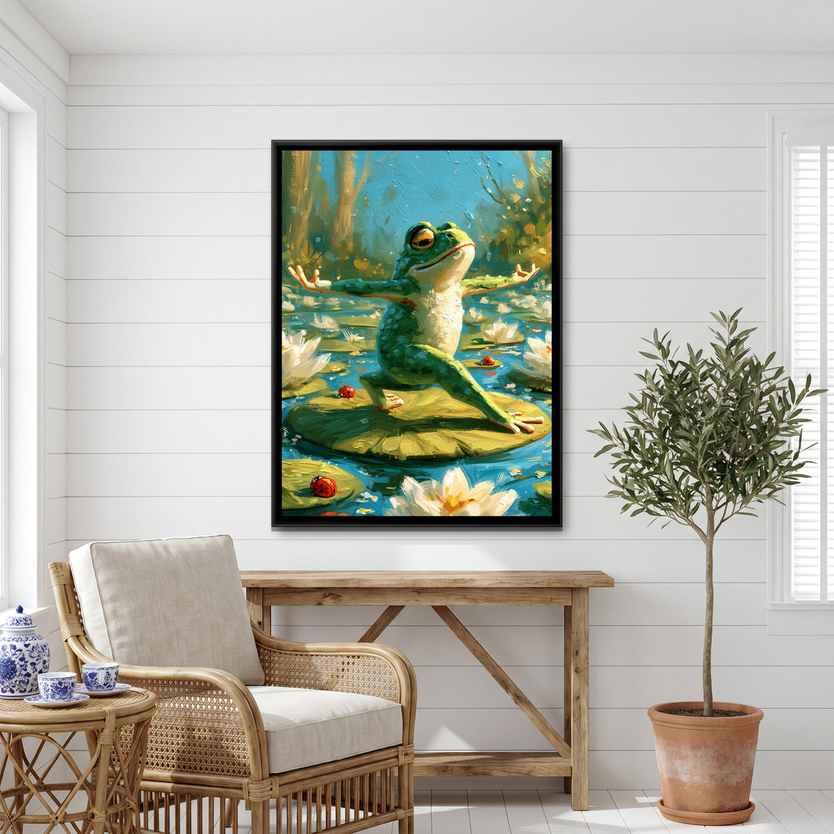 Yoga Frog — canvas art shown in a styled room