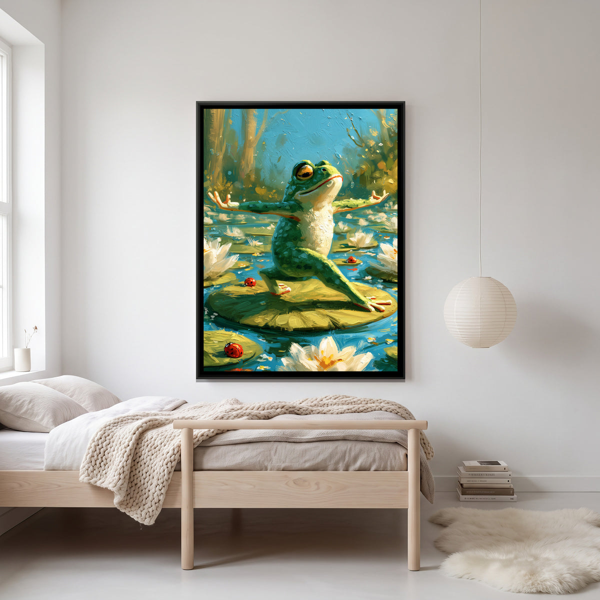 Yoga Frog — canvas art shown in a second room setting