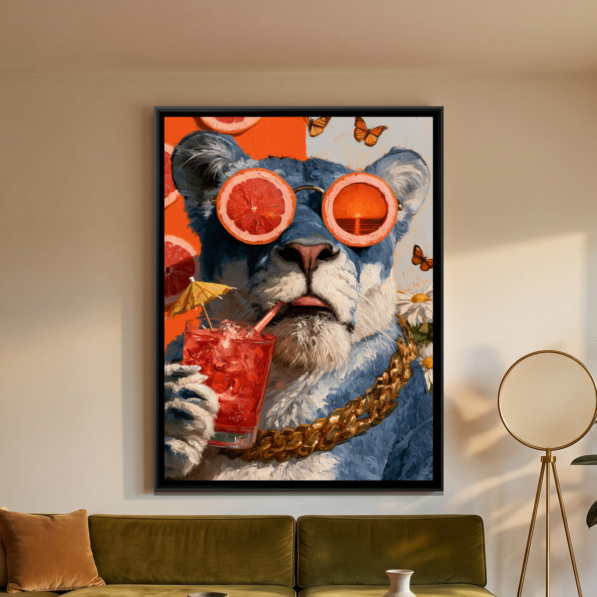 Lioness in Sunglasses — framed canvas art hung on a wall