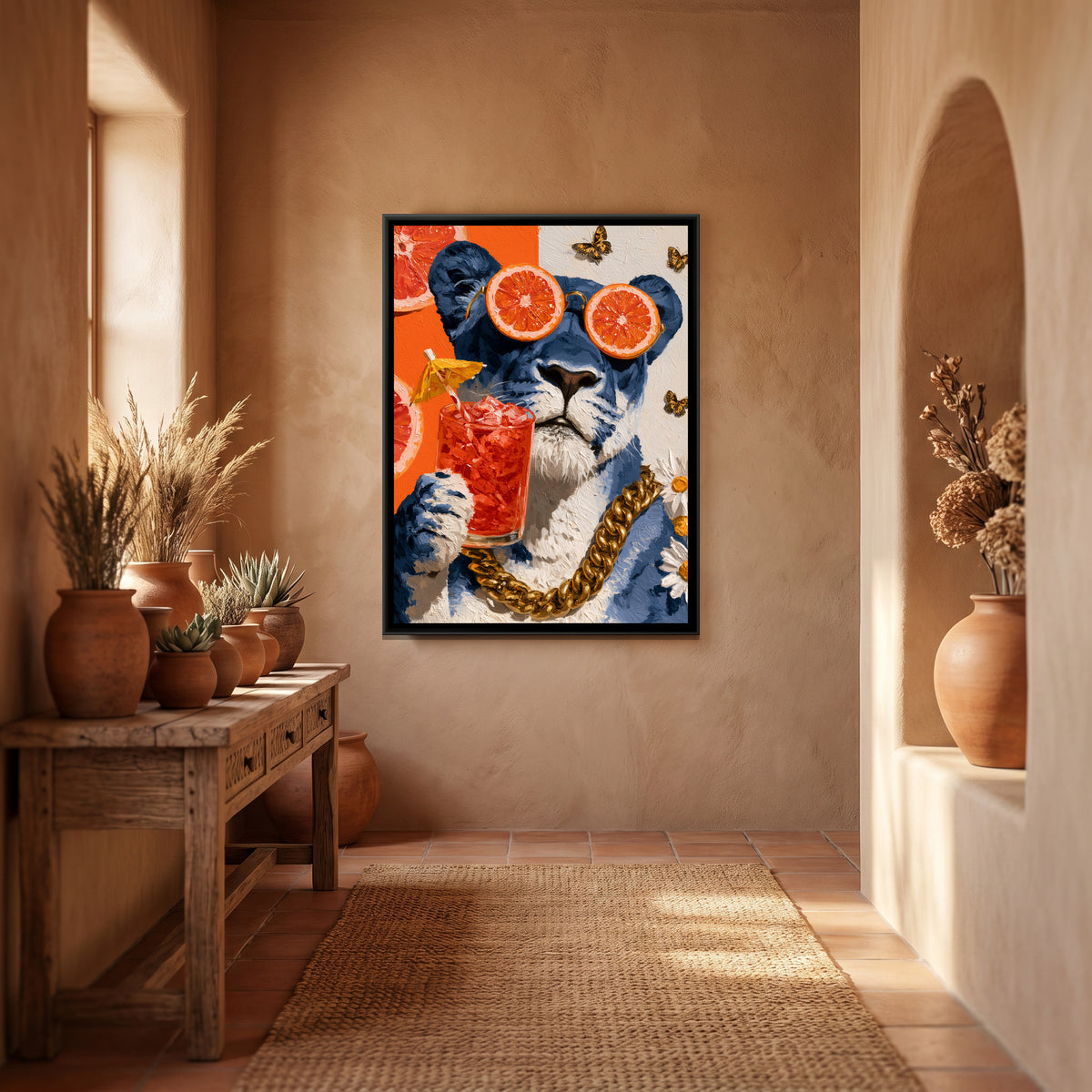 Lioness in Sunglasses — canvas art shown in a styled room