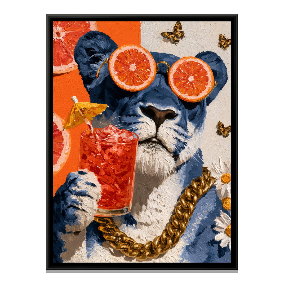 Lioness in Sunglasses — framed canvas print, front view