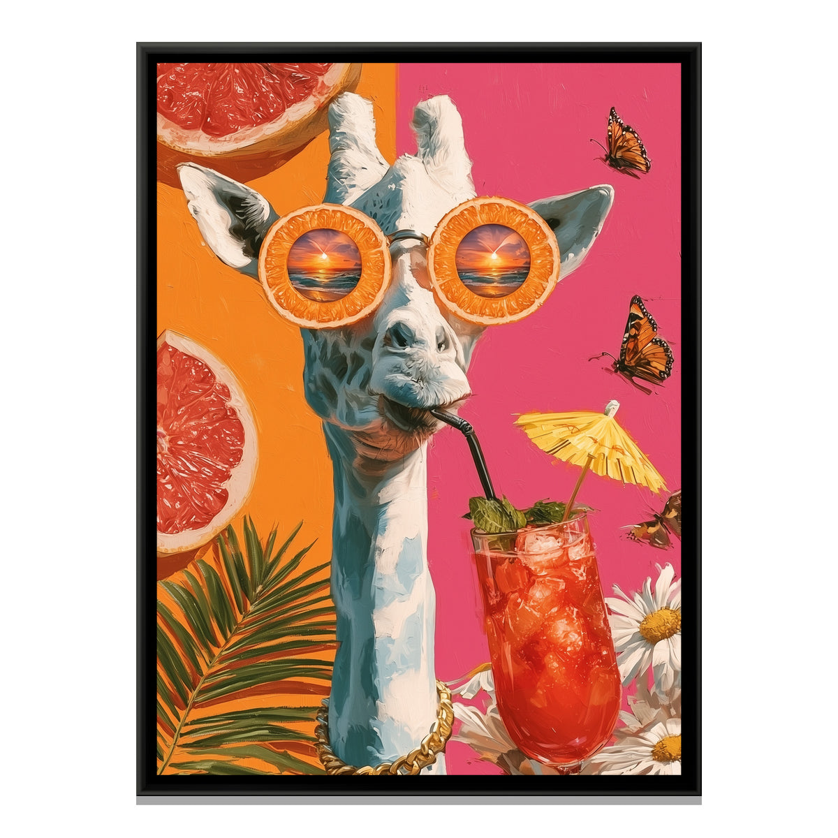 Giraffe in Sunglasses — framed canvas print, front view