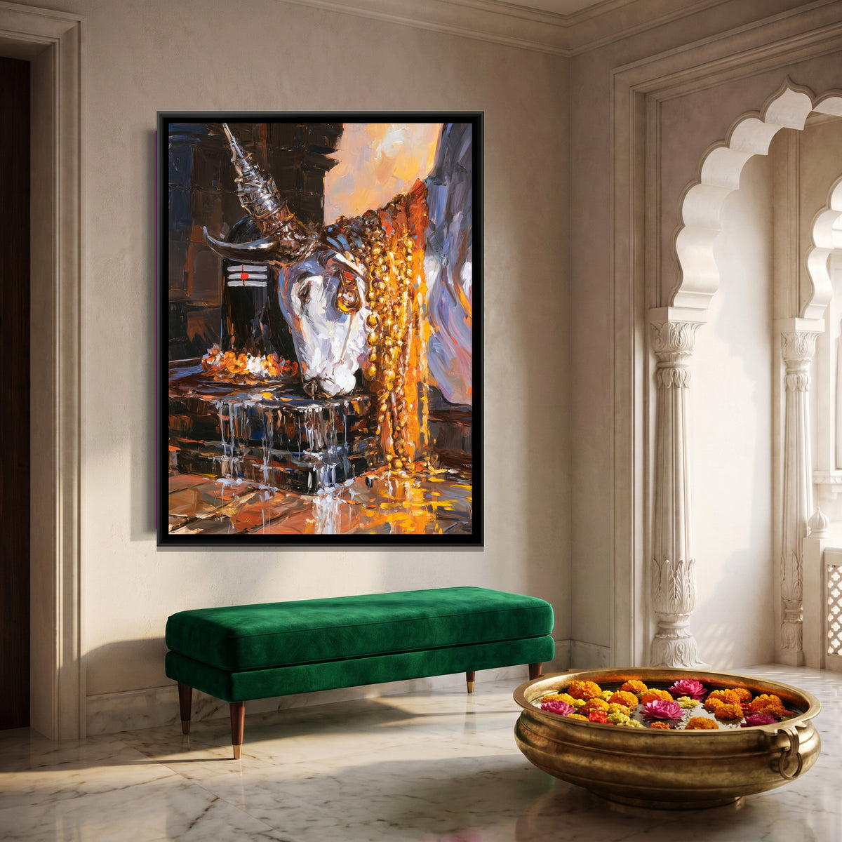 Nandi Ji with Shivling — canvas art shown in a second room setting